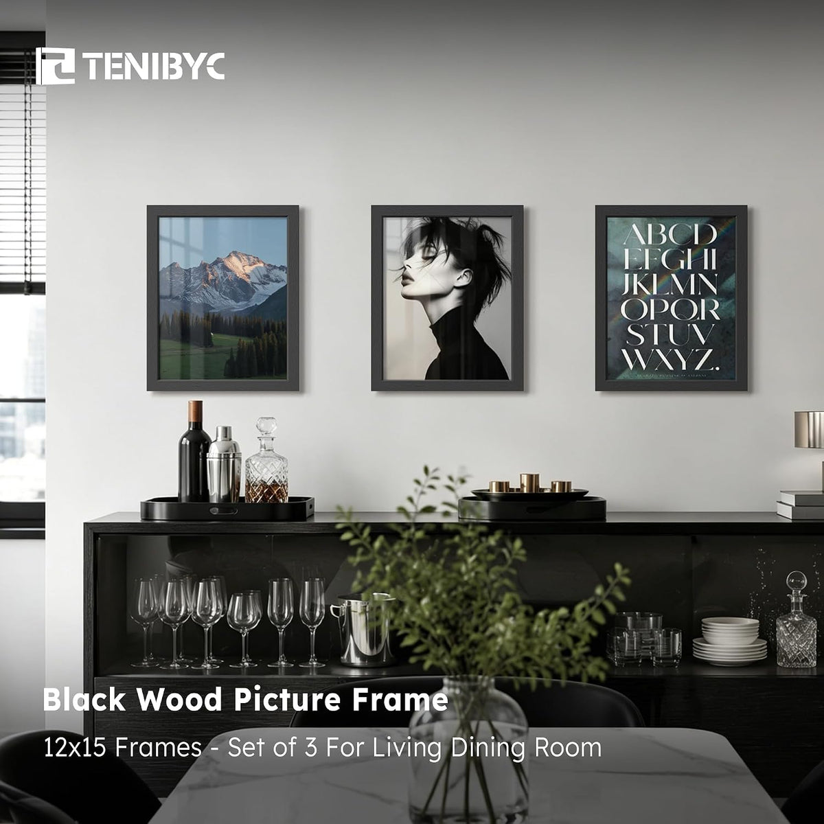 15x12 picture frame 3 Pack, Black Wood, Real Glass, Wall Hanging | Thick HD Tempered Glass, Large Poster Frame for Wall