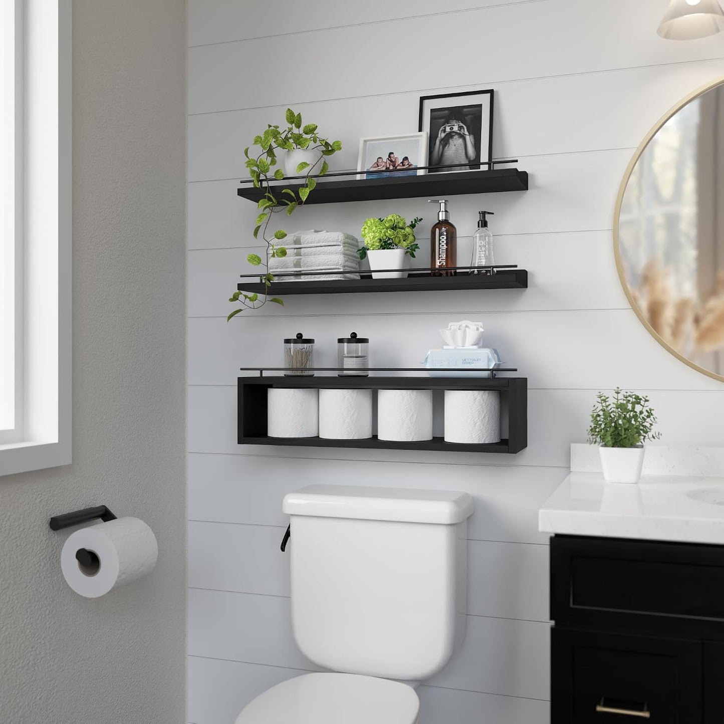 Floating Shelves for Wall 24 inch with Cube Shelf, Wall Shelves with Metal Rail for Decor, Bathroom Organizers and