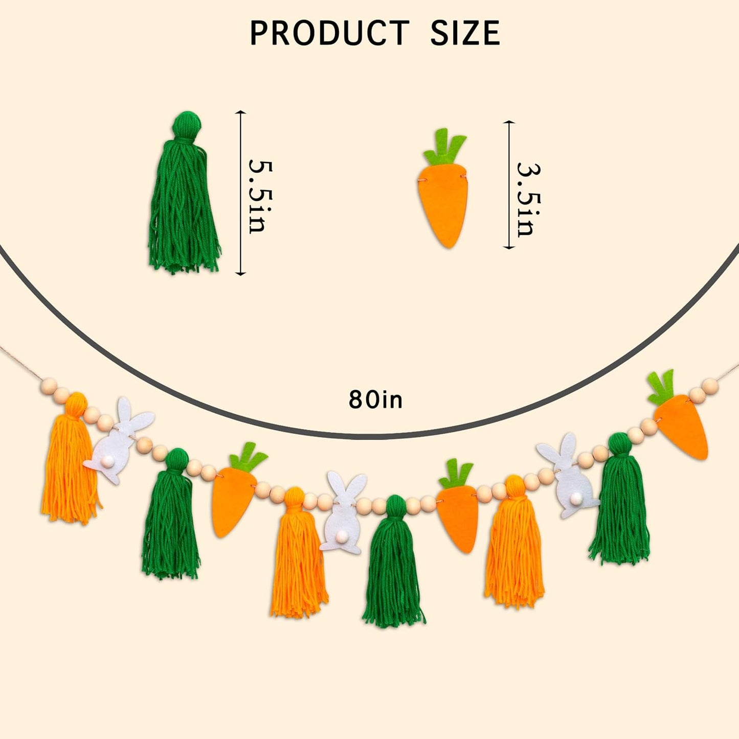 Pastel Felt Eggs and Wood Beads Garland / Carrots Tassel