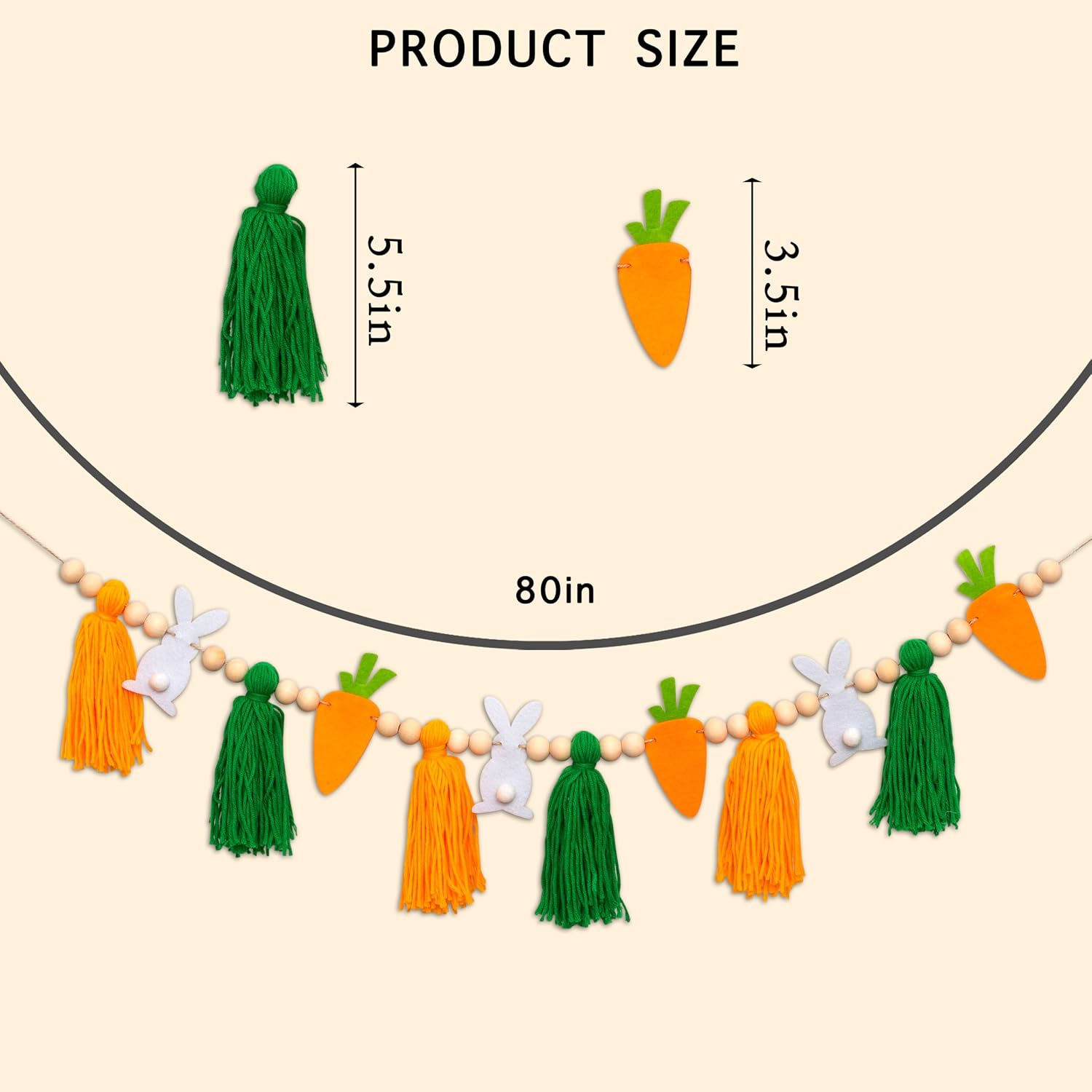 Pastel Felt Eggs and Wood Beads Garland / Carrots Tassel