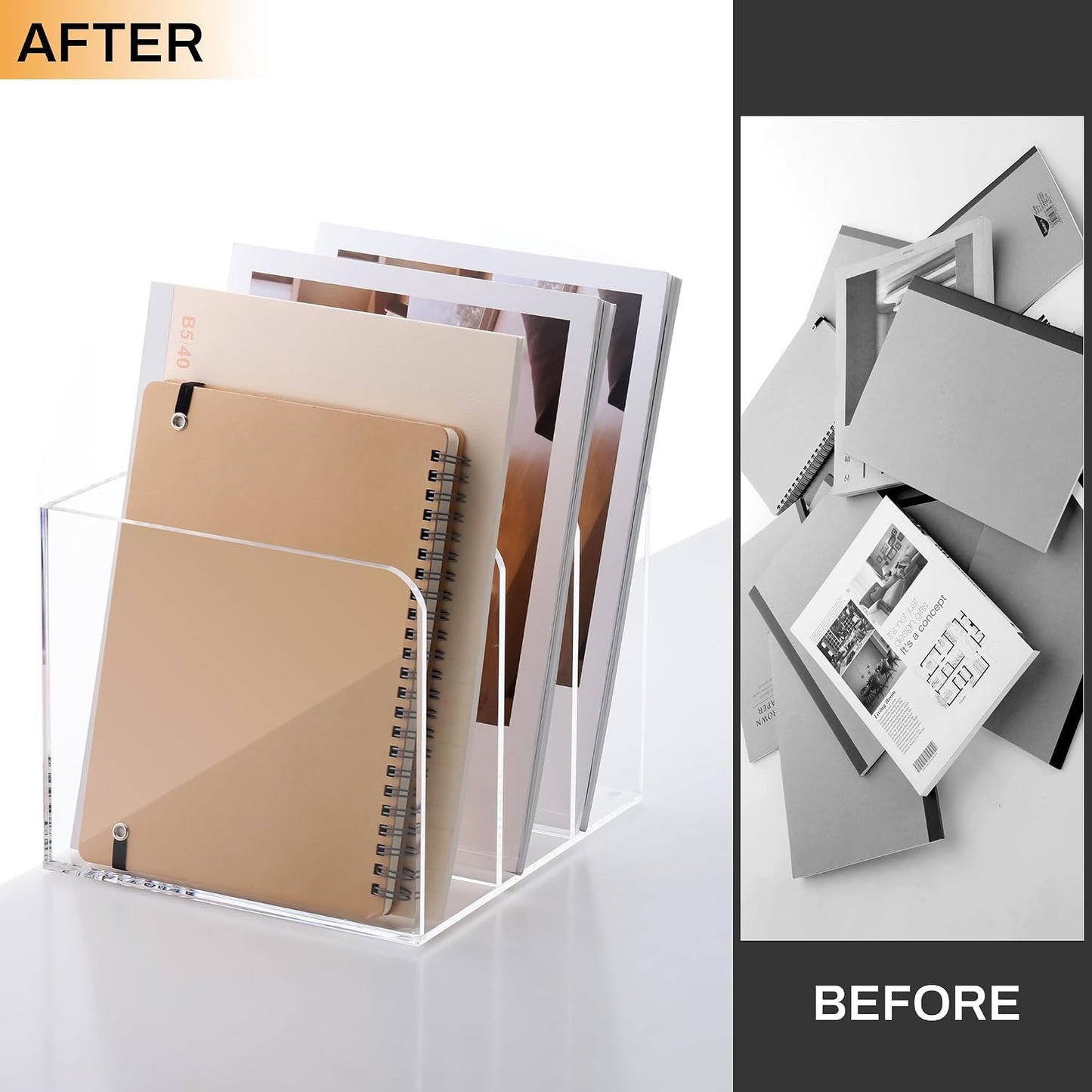 SANRUI Clear Acrylic Vertical Magazine File Organizer with 3-Slot, Clear | 3-Compartment File Magazine Sorter