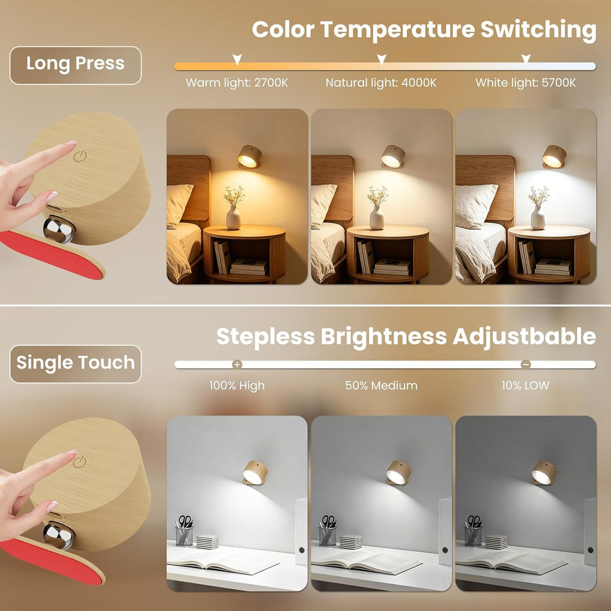 AKSDA 3Pack Battery Operated Wall Sconce, 3 Color Modes 3 Brightness Levels 360°Rotation Lighting Timer Touch & Remote