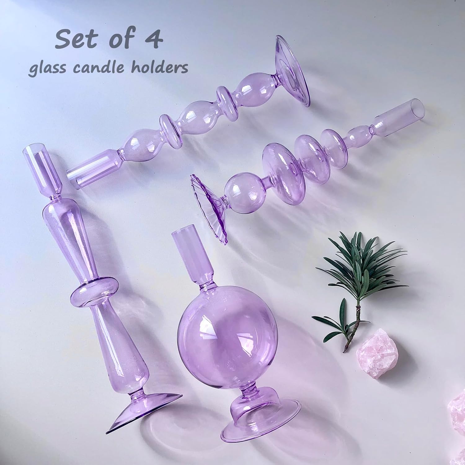 Candle Stick Candle Holder, Glass Candle Holders for Table Centerpiece, Modern Style Purple Candle Holder Mixed 4pcs