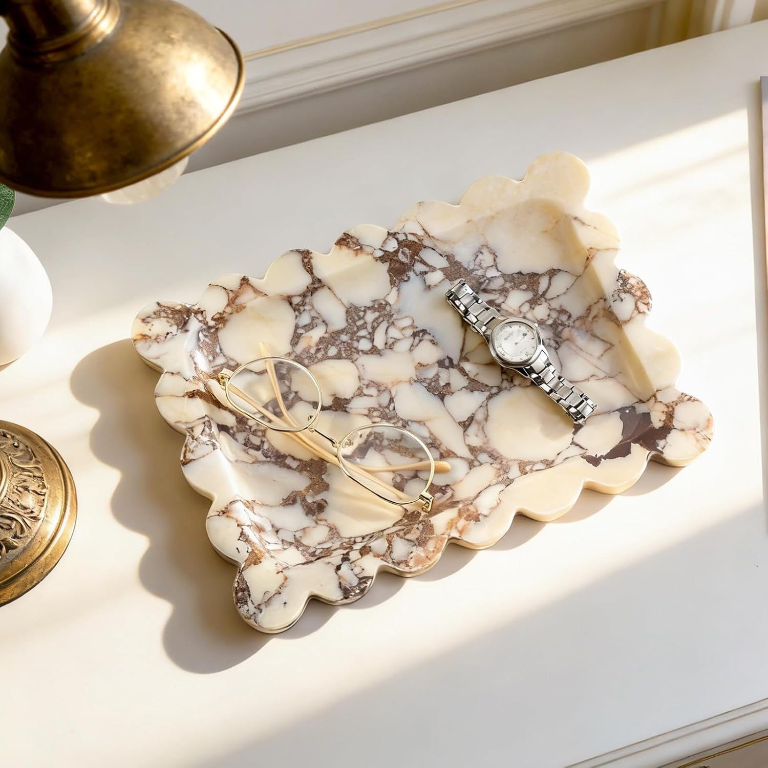 Scalloped Marble Vanity Tray for Countertop Bathroom Kitchen / Calacatta / 11 x 7.9 x 0.7