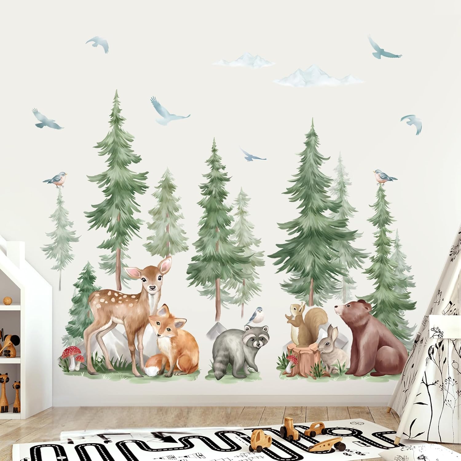 Mountain Tree Wall Stickers Large Pine Tree Forest Animal Bear Fox Peel and Stick Wall Art / A