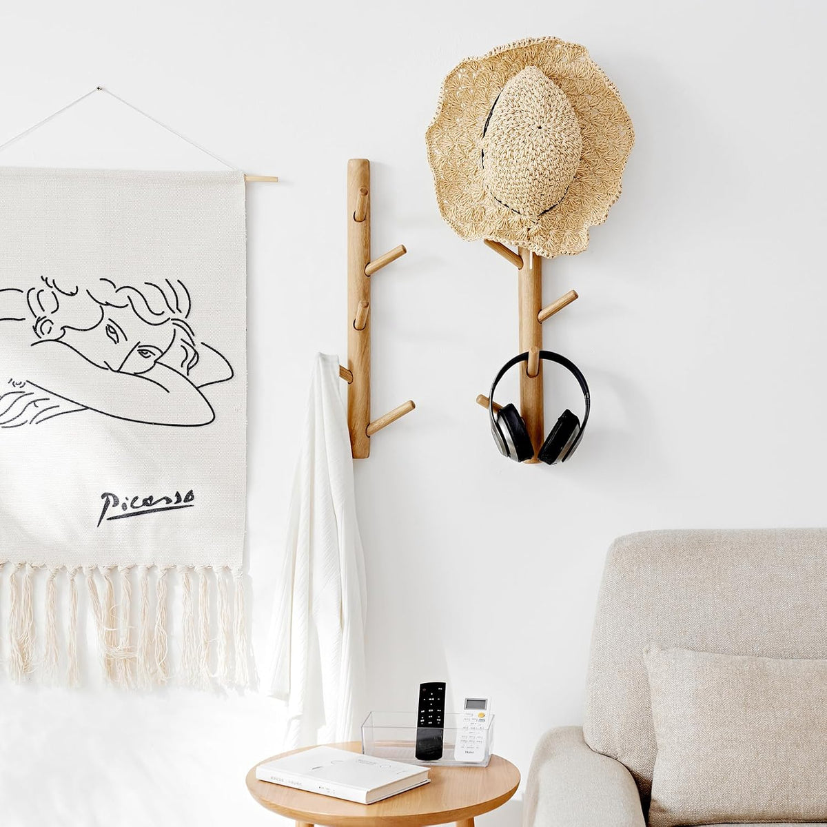 Vertical Coat Rack Wall Mounted - Height 36 Inches, Oak Wood Vertical Hat Rack for Wall with 9 Hooks, Modern Coat Rack