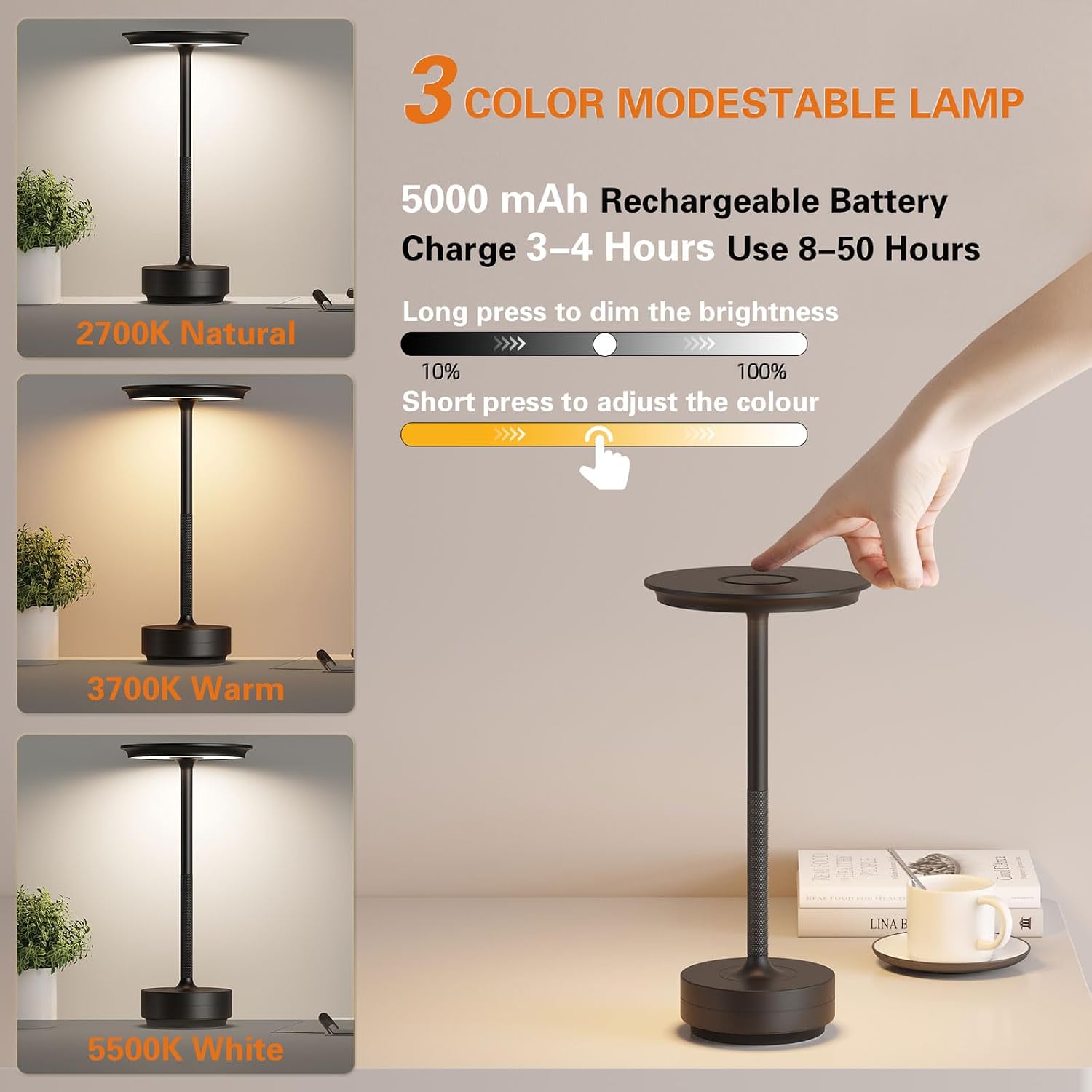 Rechargeable Cordless Table Lamps, Portable Battery Table Light | 5000mAh USB Battery Table Light with Memory