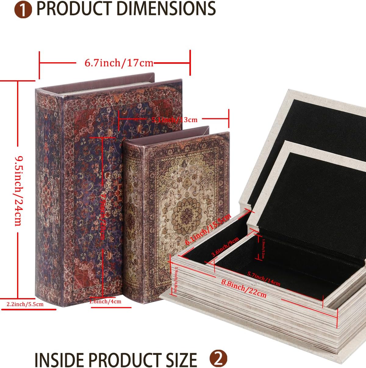 Vintage Faux Book Boxes / 2 x Persian Rug / Set of 2
