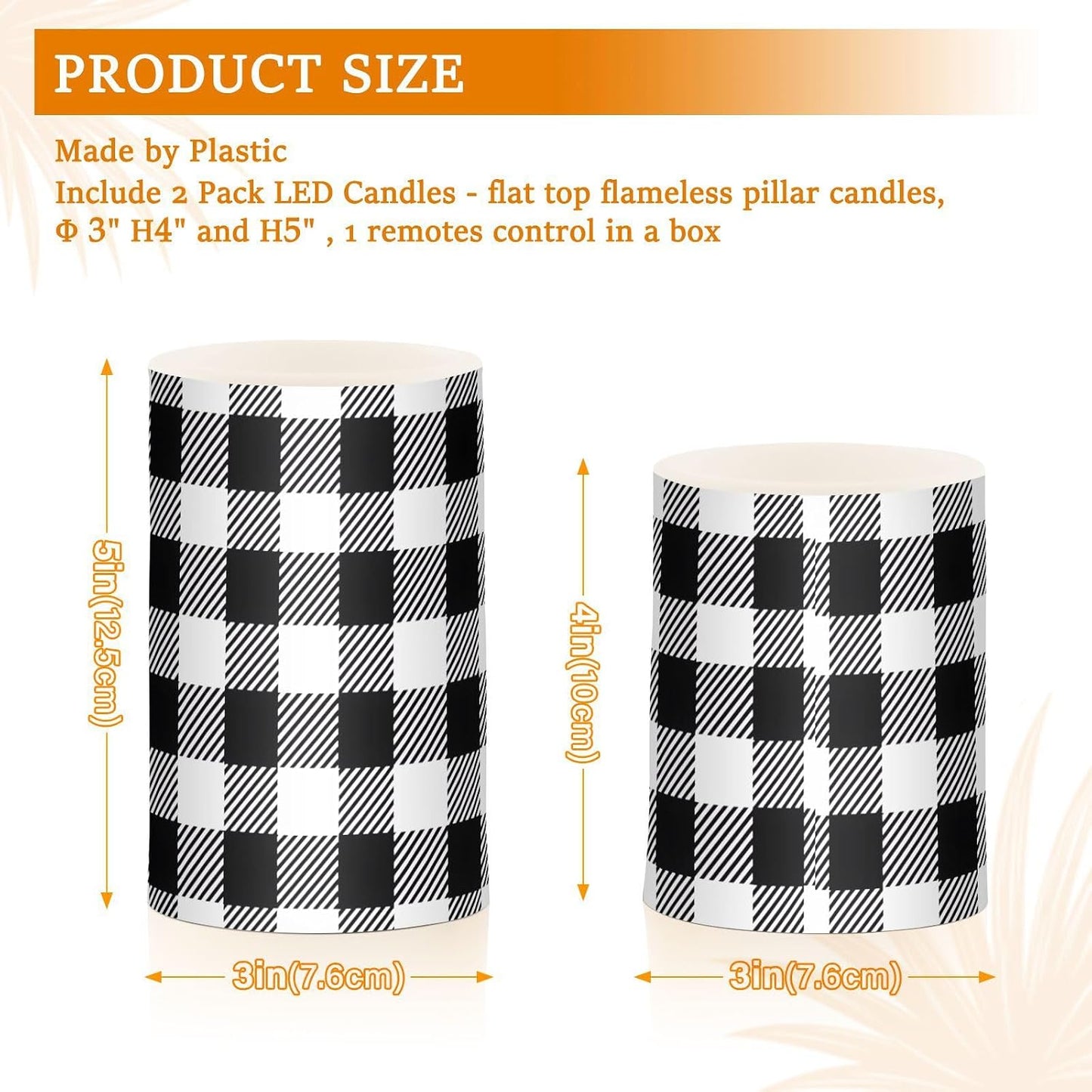 Flickering Flameless Candles, Black White Buffalo Plaid LED Candles with Remote Timer, Set of 2 Battery Operated Candle