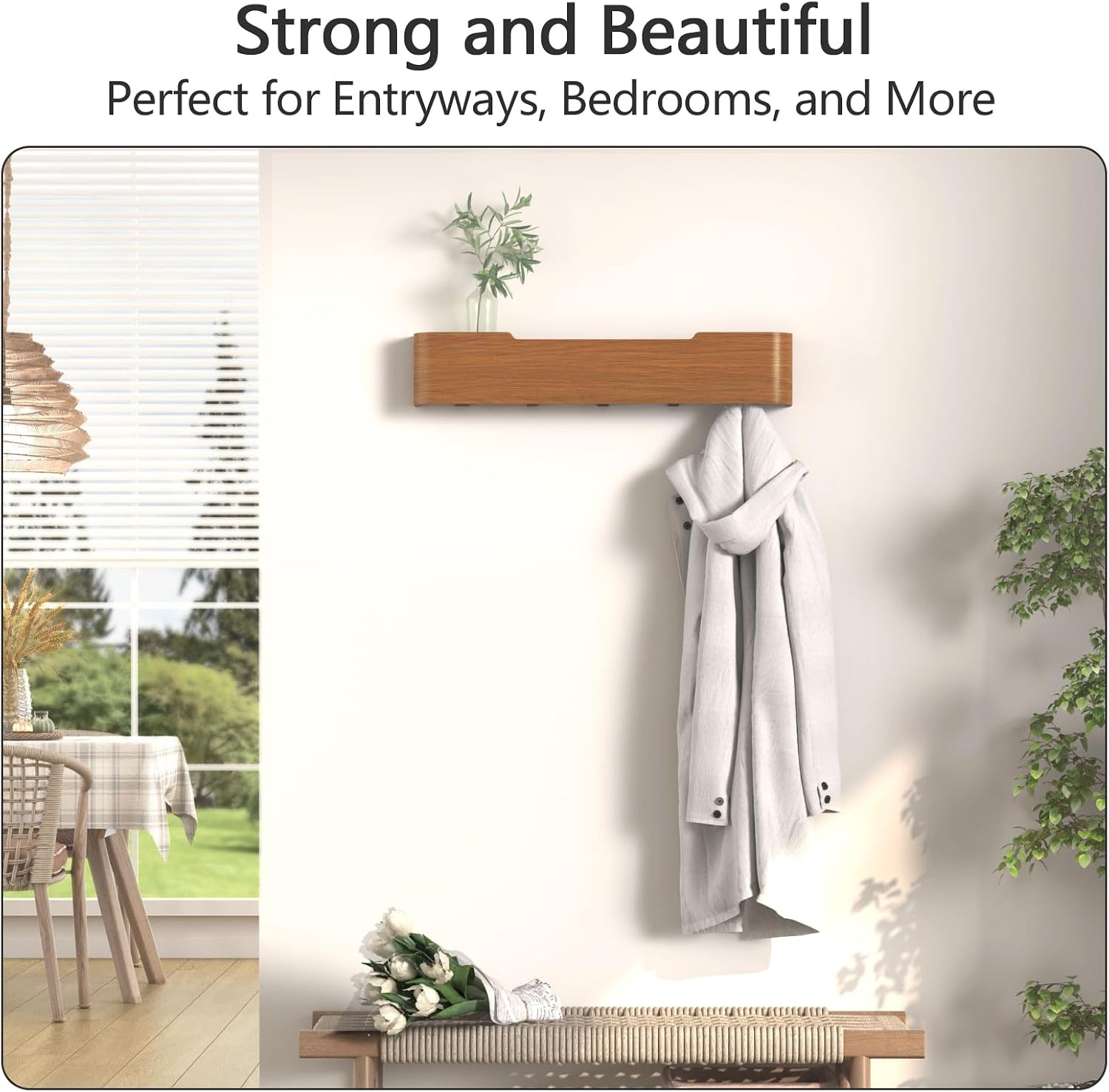Coat Rack Wall Mount with Hidden Hooks Modern Key Holder Wood Entryway Hook with Shelf for Bedroom Kitchen Hallway