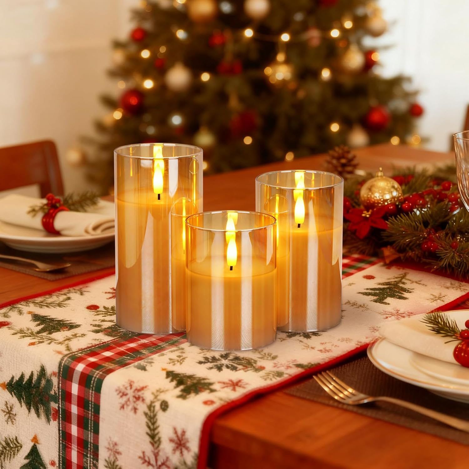 Amagic Gold Glass Flameless LED Candles Battery Operated with Remote Timer | Real Wax Pillar Electric Candle, 3D