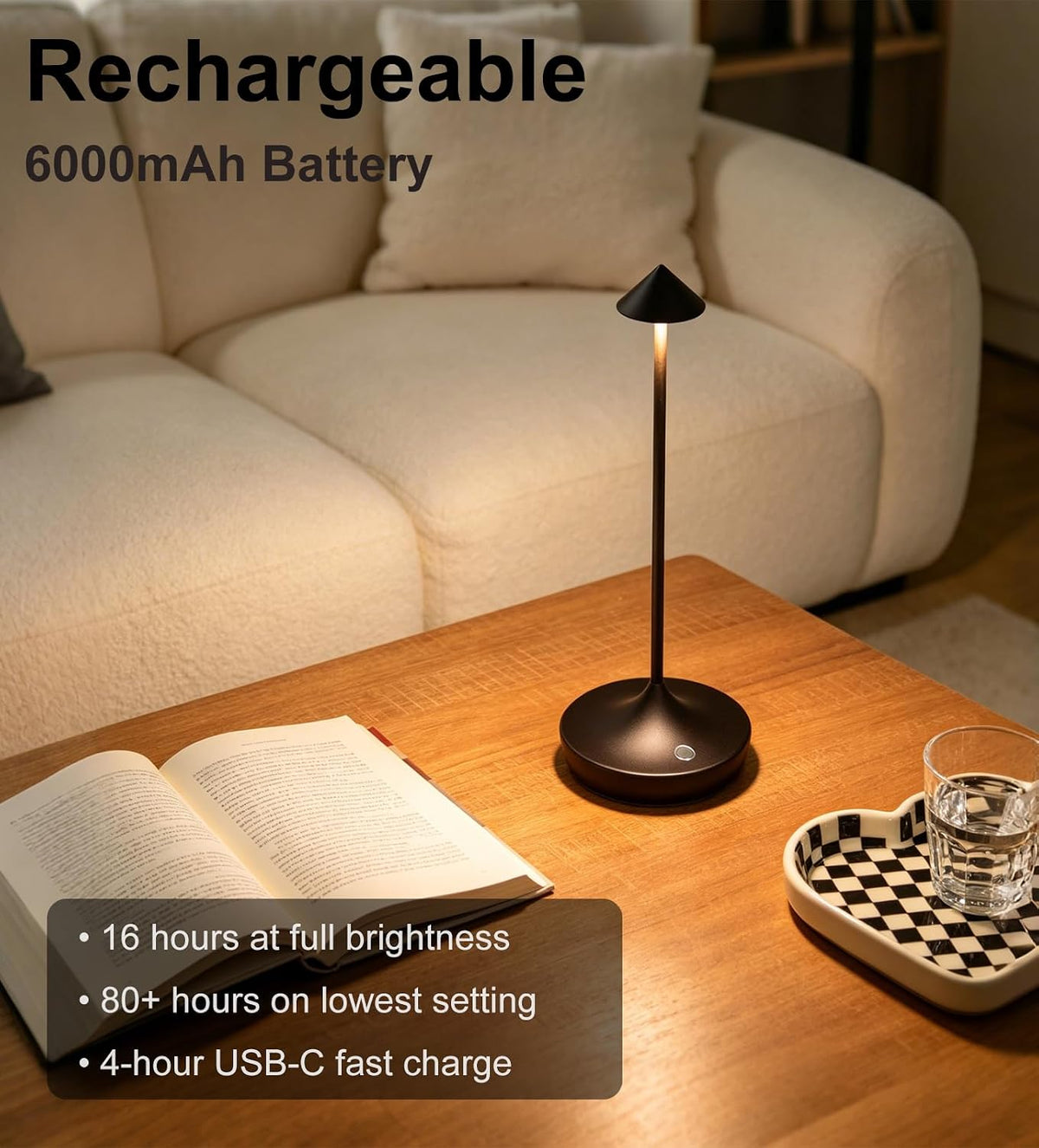 2-Pack Cordless Rechargeable LED Table Lamp (Black) | 6000mAh Battery, 3-Color Stepless Dimming, IP54 Waterproof &