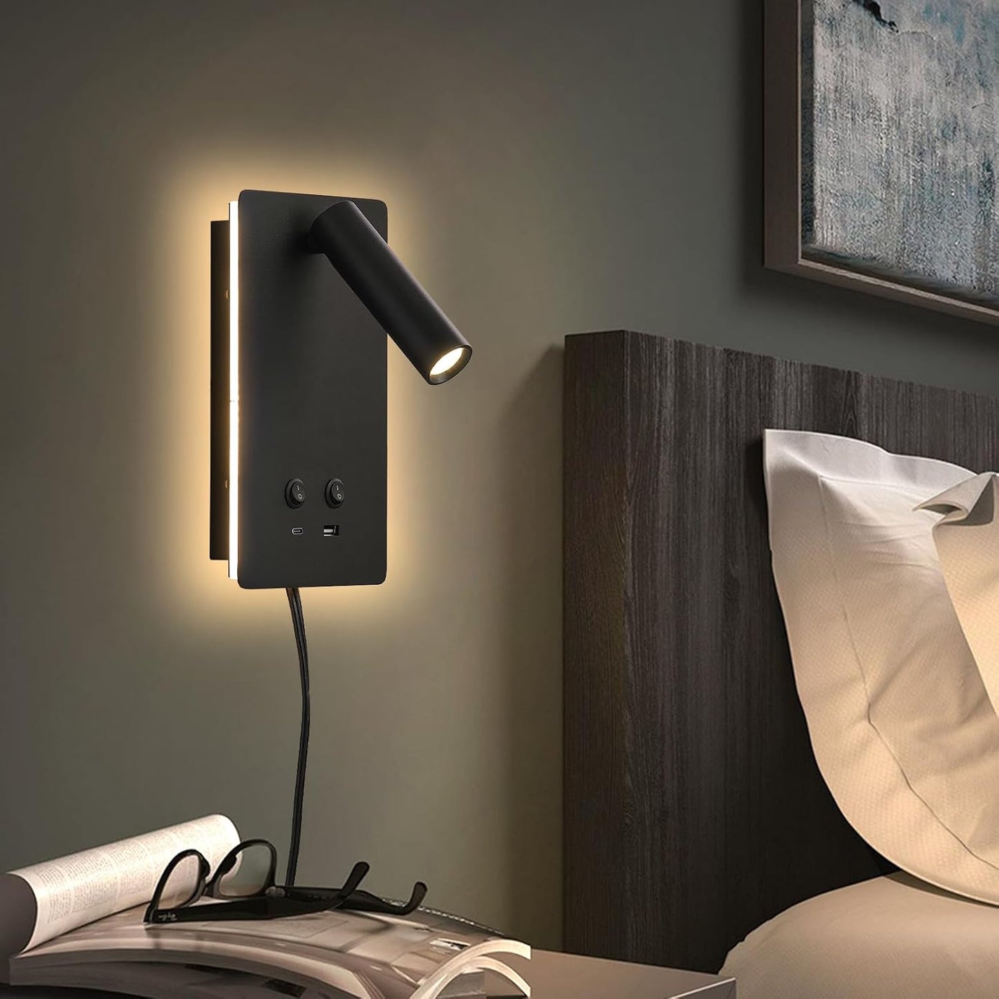 MOLUOLA LED Wall Lamp Wall Mounted Reading Lights, Adjustable Headboard Plug in Wall Sconce with USB C+A Ports