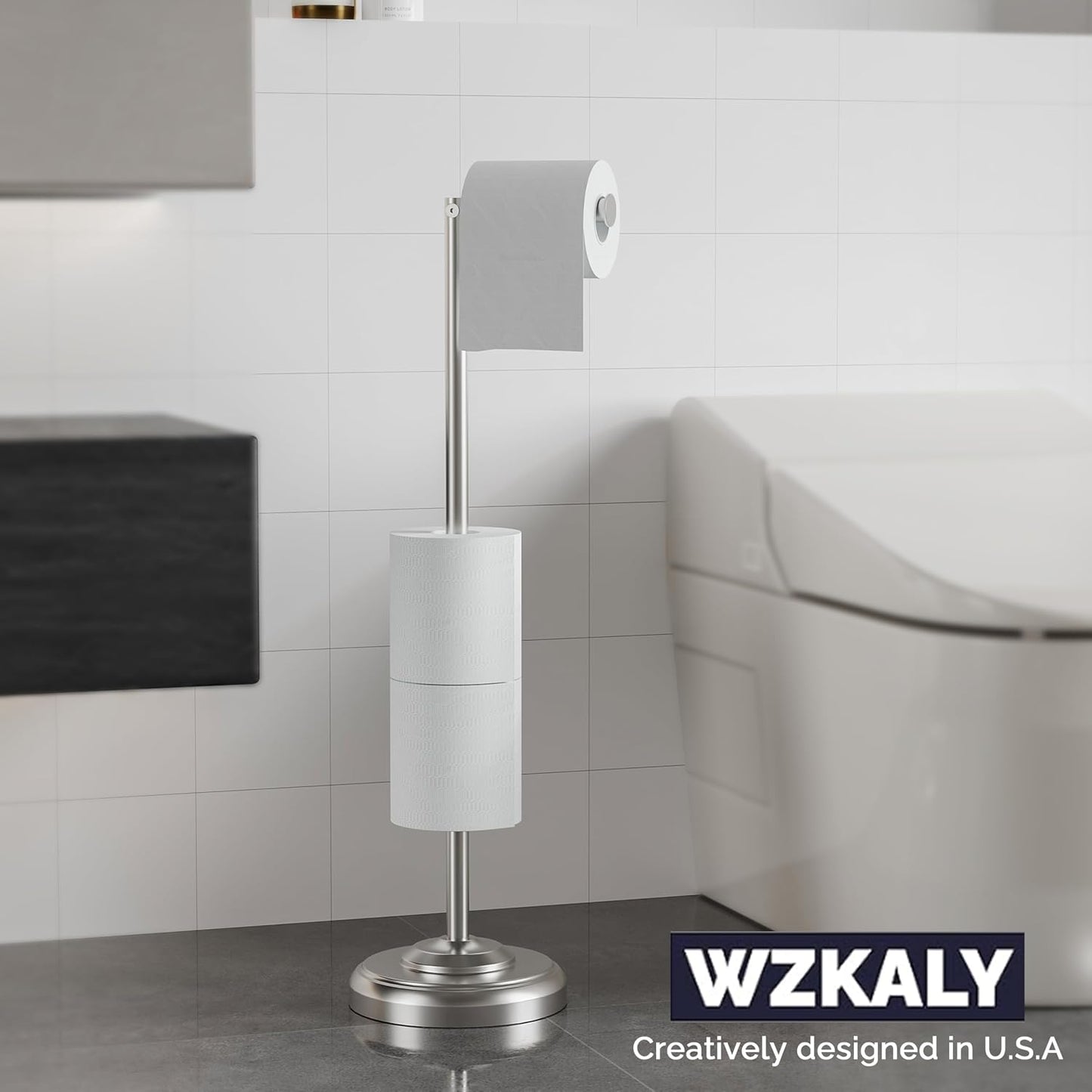 Toilet Paper Holder Stand with Storage 4 Extra Rolls, Brushed Nickel | 304 Stainless Steel, Stable Weighted