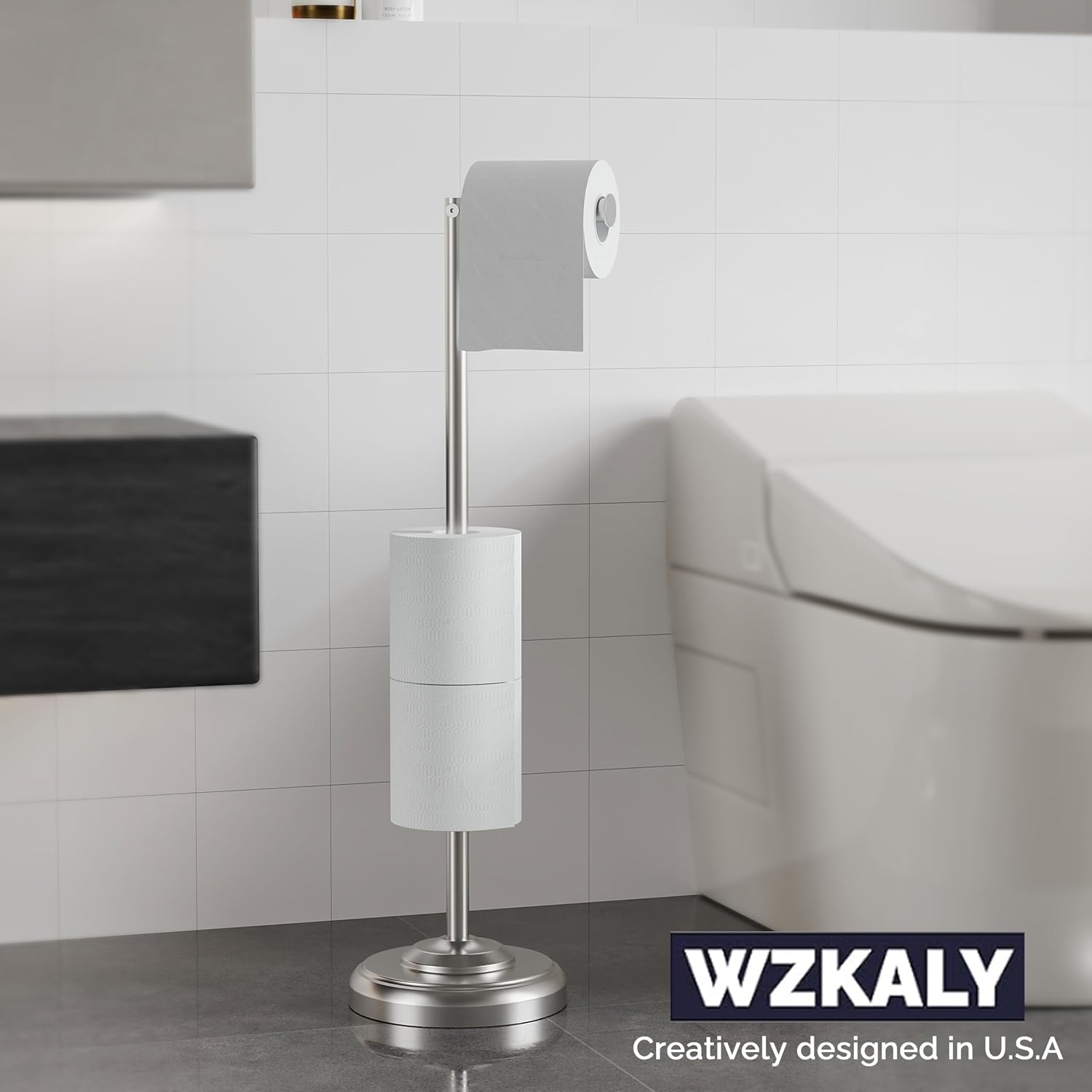 Toilet Paper Holder Stand with Storage 4 Extra Rolls, Brushed Nickel | 304 Stainless Steel, Stable Weighted
