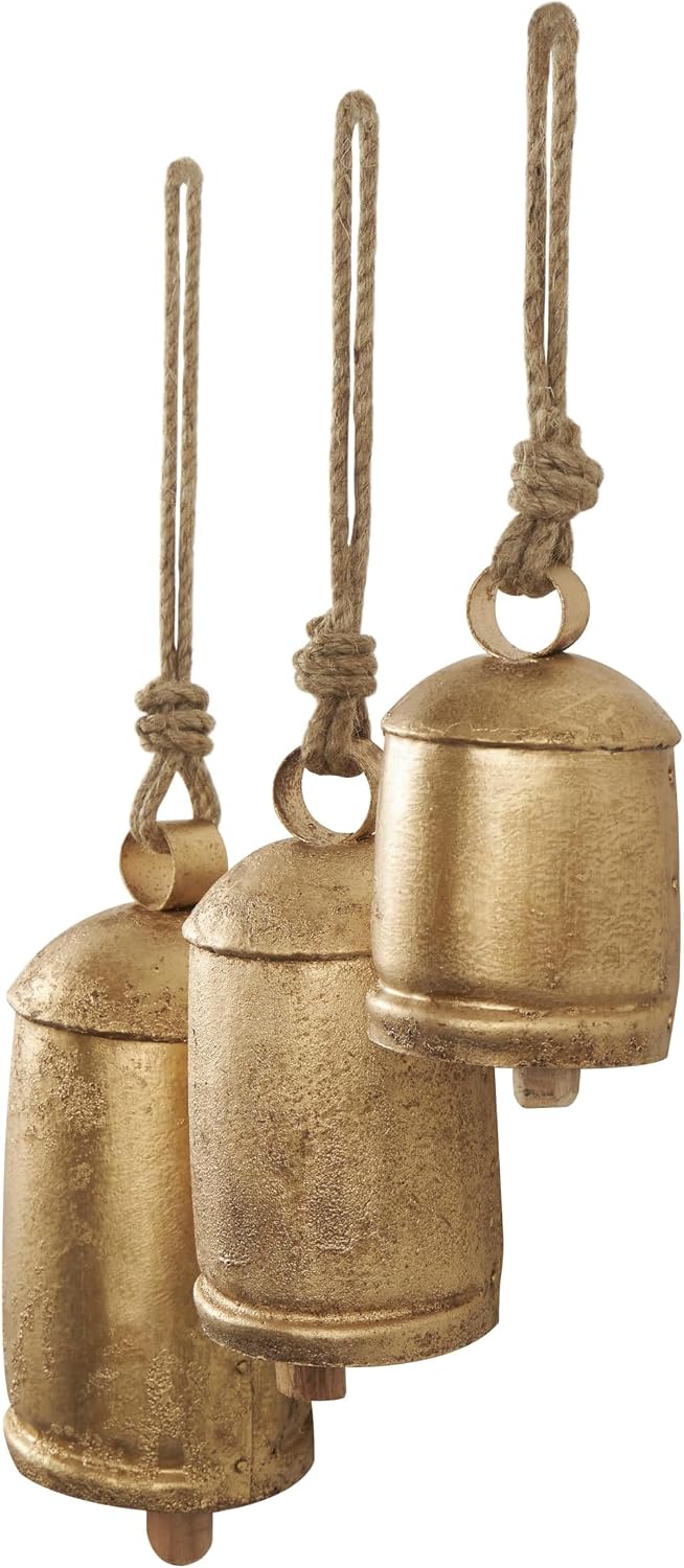 Deco 79 Metal Cow Bells, Meditation Bell, Set of 3, 10", 7", 5"H, Gold | Indoor metal art Tibetan inspired decorative