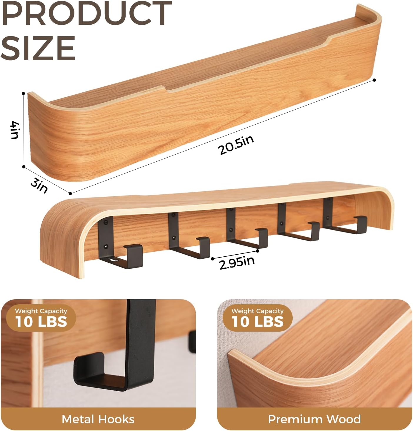 Shelf Entryway Shelf Modern Key Holder Hanger Wall Shelves / Oak / 5 Hooks