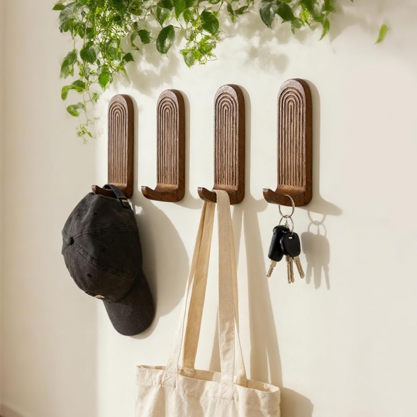 Rainbow Arch Adhesive Wall Hooks Boho Handmade Wooden No Drill Hangers Waterproof / Brown / Set of 4