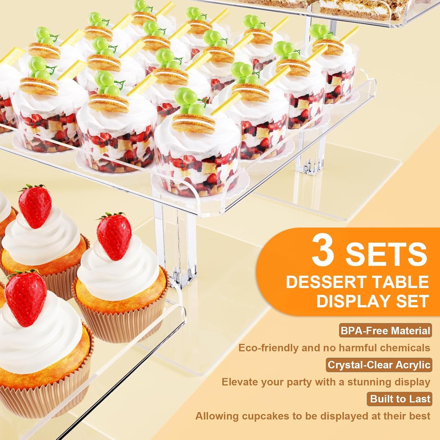 Bakzon 3 Piece Cupcake Stand, Acrylic Dessert Table Display Set, Clear Square Serving Trays for Birthday, Wedding, Baby