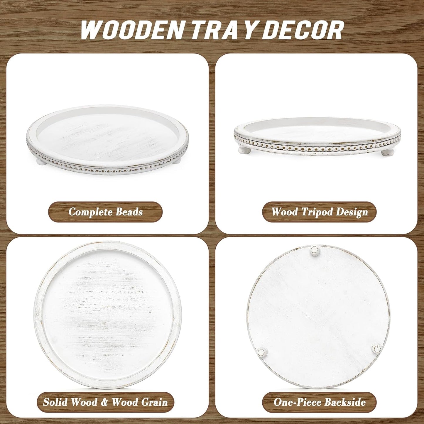 White Washed Round Wooden Tray for Coffee / Weathered White / 12 Inch