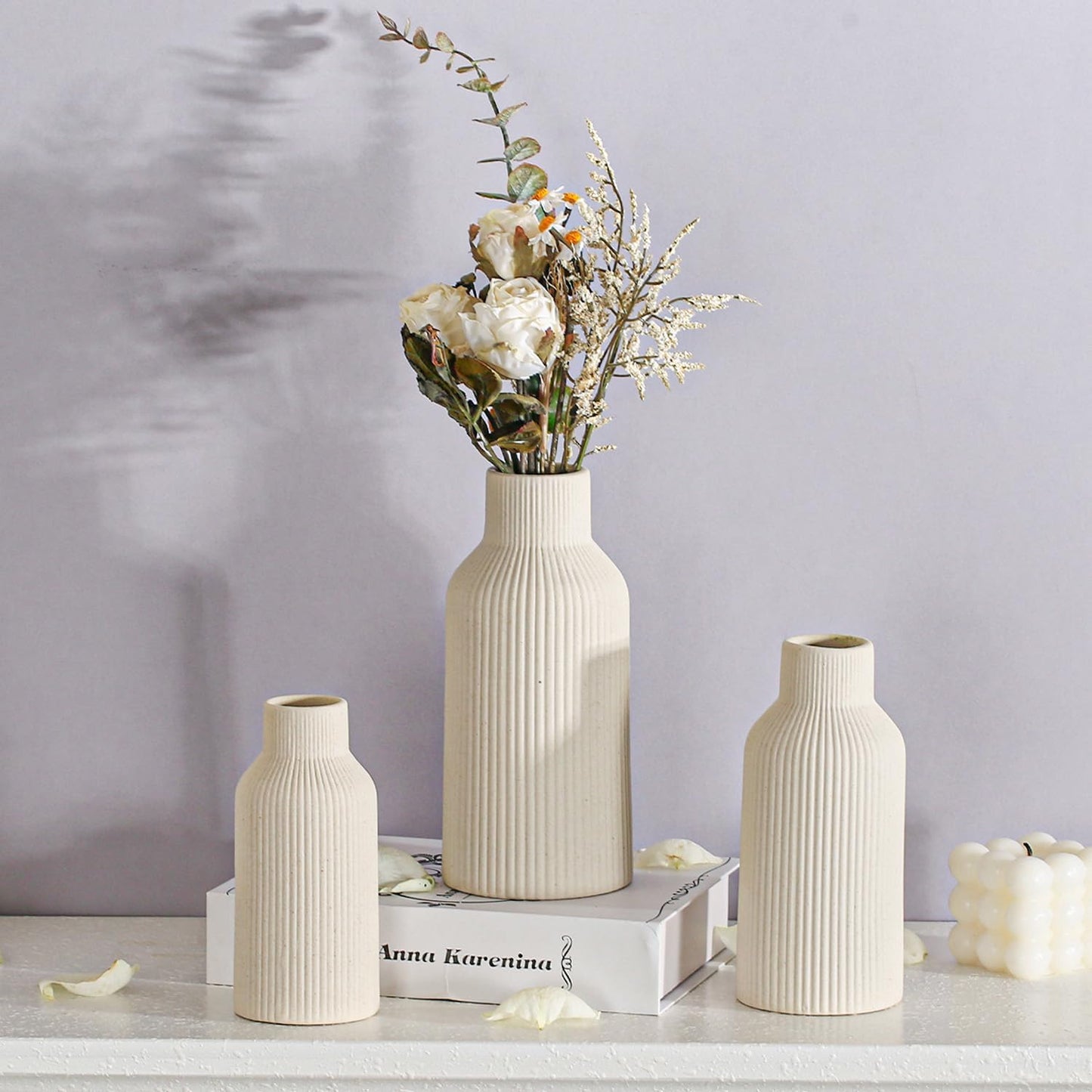 Bohemian Ceramic Vase / Beige / 7in