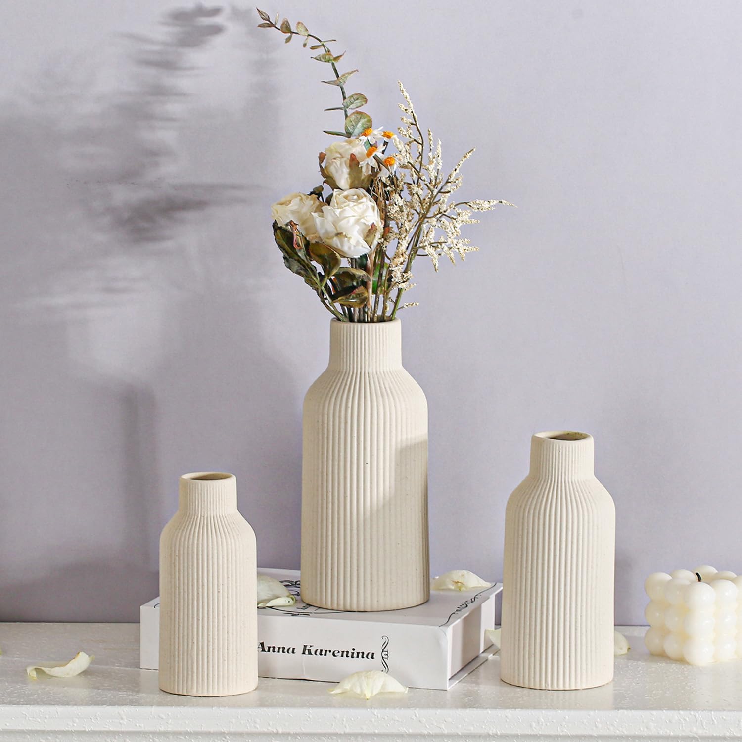 Bohemian Ceramic Vase / Beige / 7in