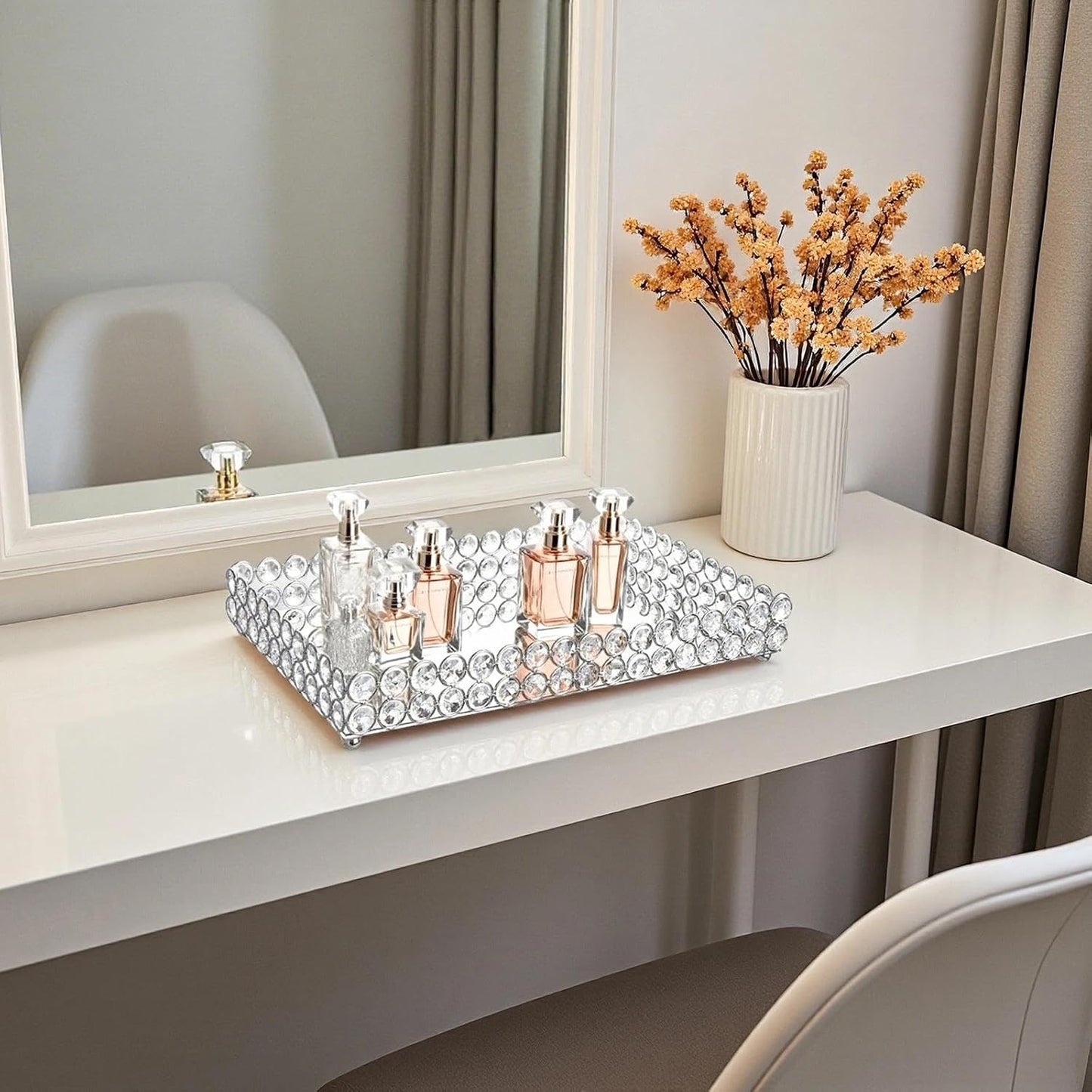 Crystal Perfume Tray Cosmetic Vanity Makeup Tray Mirrored Jewelry Trinket Rings Earrings / Silver