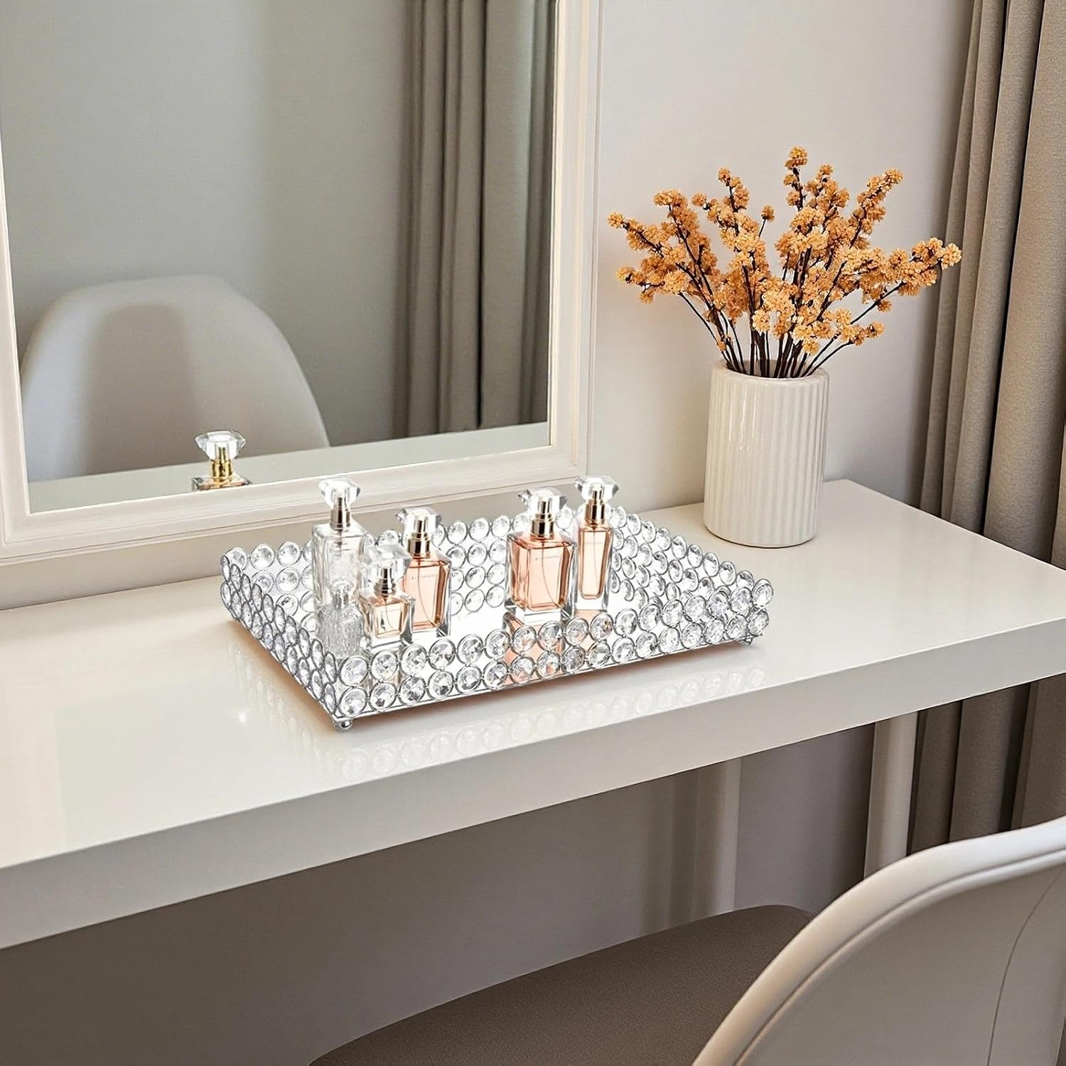 Crystal Perfume Tray Cosmetic Vanity Makeup Tray Mirrored Jewelry Trinket Rings Earrings / Silver