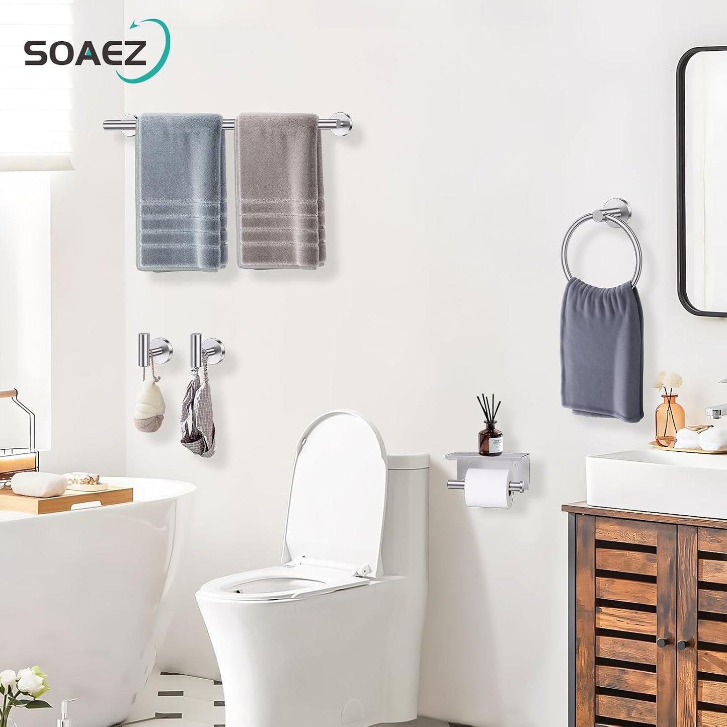 Brushed Nickel Bathroom Hardware Set, 5 Pieces Towel Bar Bathroom Accessories, Upgraded Toilet Paper Holder with Shelf