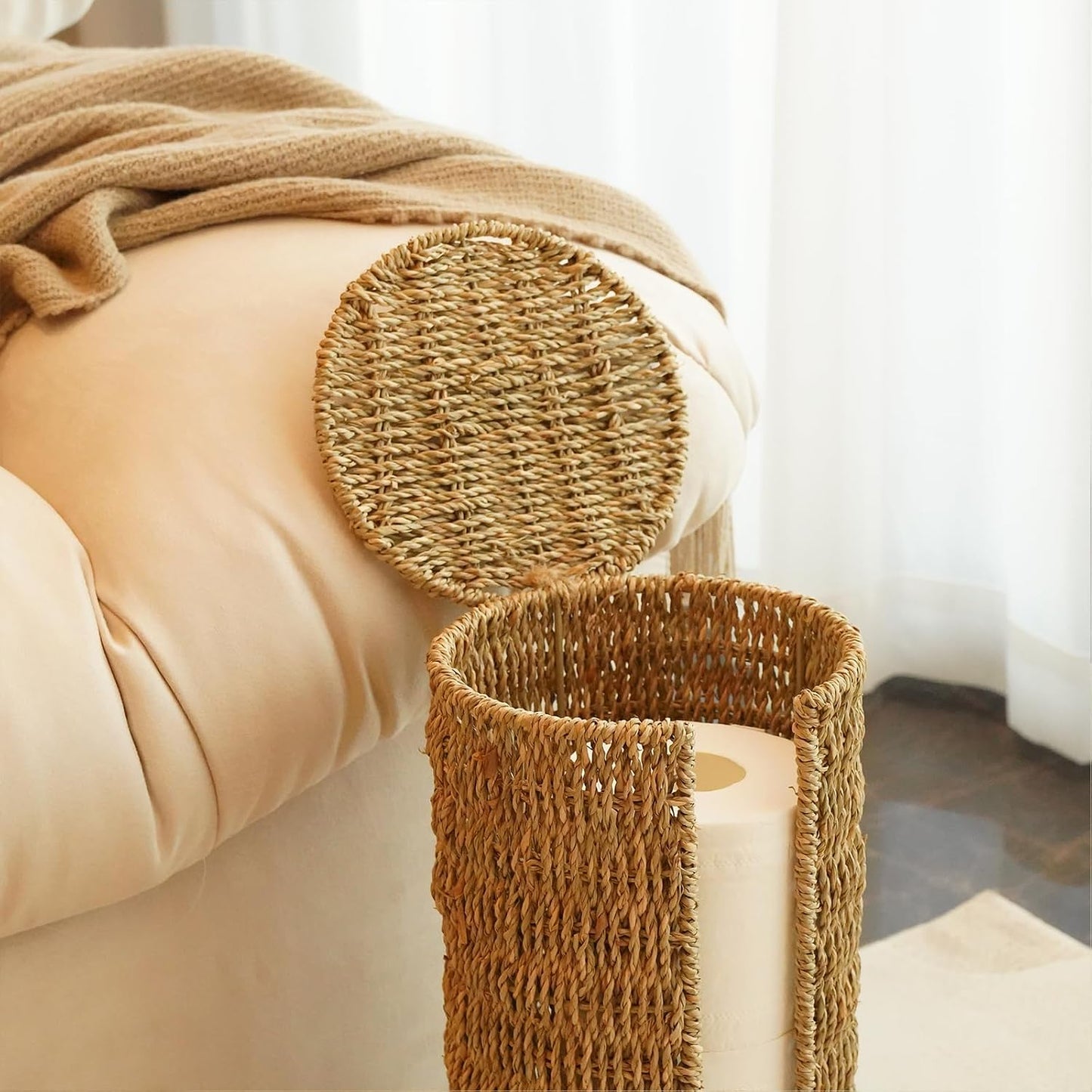 PINXIURY Seagrass Toilet Paper Holder with Storage, 3 Rolls of Wicker Toilet Paper Holder for Bathroom and Under Sink