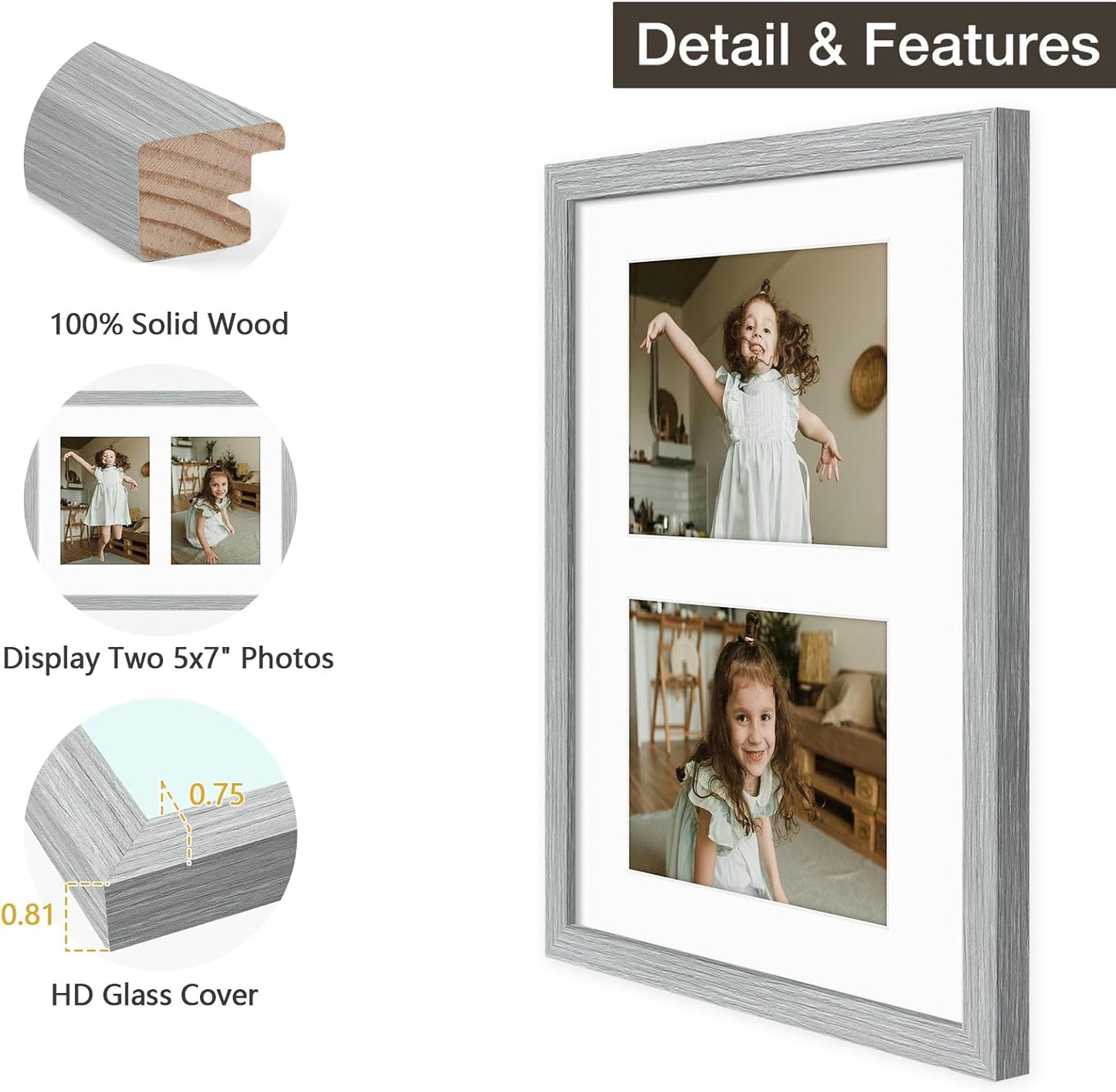 Golden State Art 11x14 Grey Wood Frame - for Two 5x7 Pictures,3 Pack | Matted to Double 5x7 Picture,Solid Wood Collage
