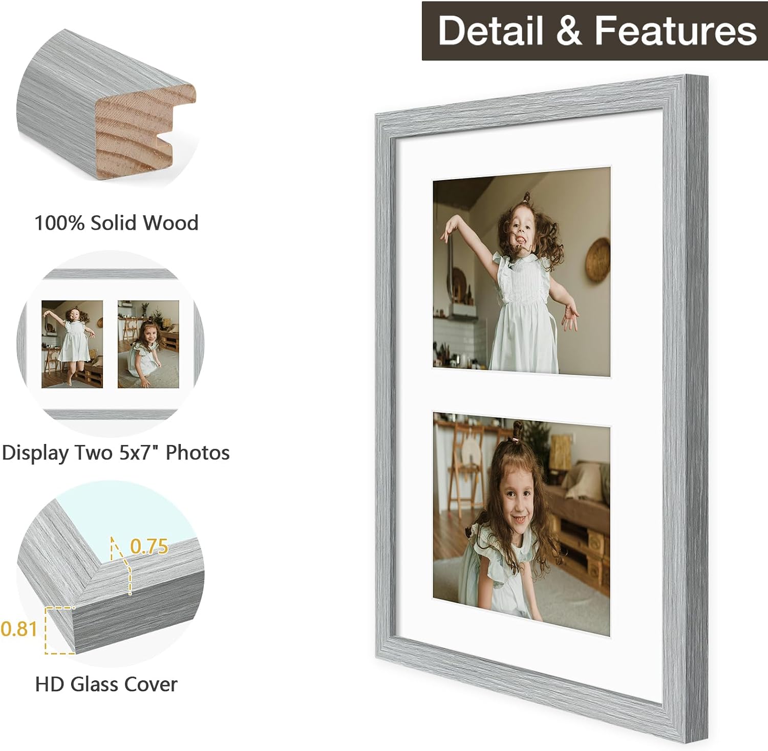 Golden State Art 11x14 Grey Wood Frame - for Two 5x7 Pictures,3 Pack | Matted to Double 5x7 Picture,Solid Wood Collage