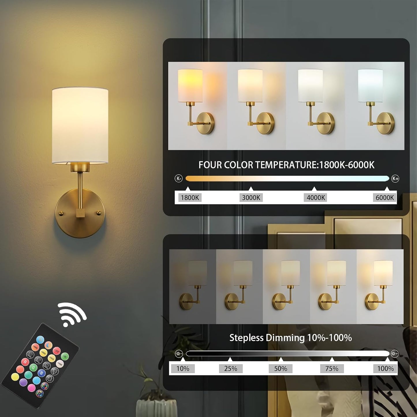 KARTOOSH Battery Operated Wall Sconce Set of Two, Dimmable 4CCT, RGB, Timer | Rechargeable Wireless Wall Decor Light