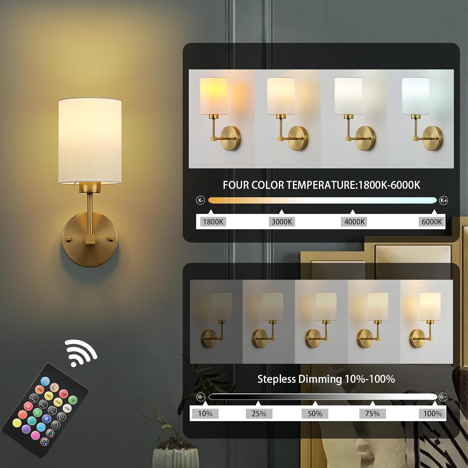 KARTOOSH Battery Operated Wall Sconce Set of Two, Dimmable 4CCT, RGB, Timer | Rechargeable Wireless Wall Decor Light