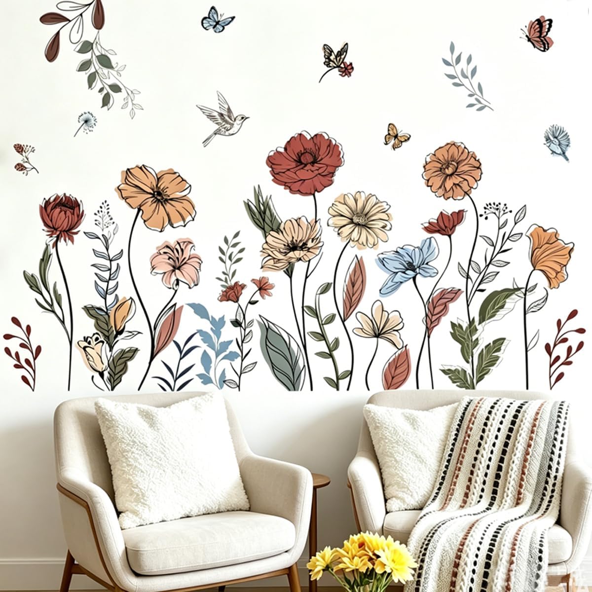 Boho Wildflower Wall Stickers Peel and Stick Floral Wall Decals for Girls Bedroom / Boho Floral