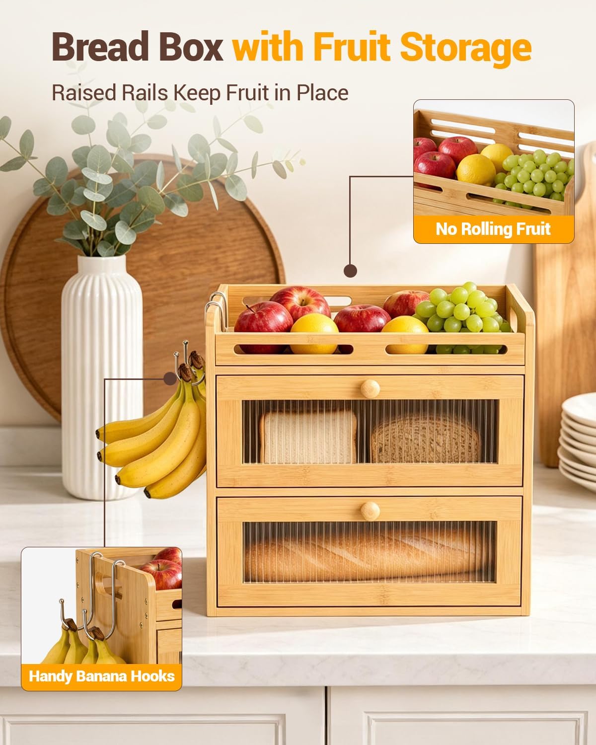 Bread Box for Kitchen Countertop, 2-Tier Bamboo Storage with Top Shelf | Large Capacity Bread Container, 2 Banana