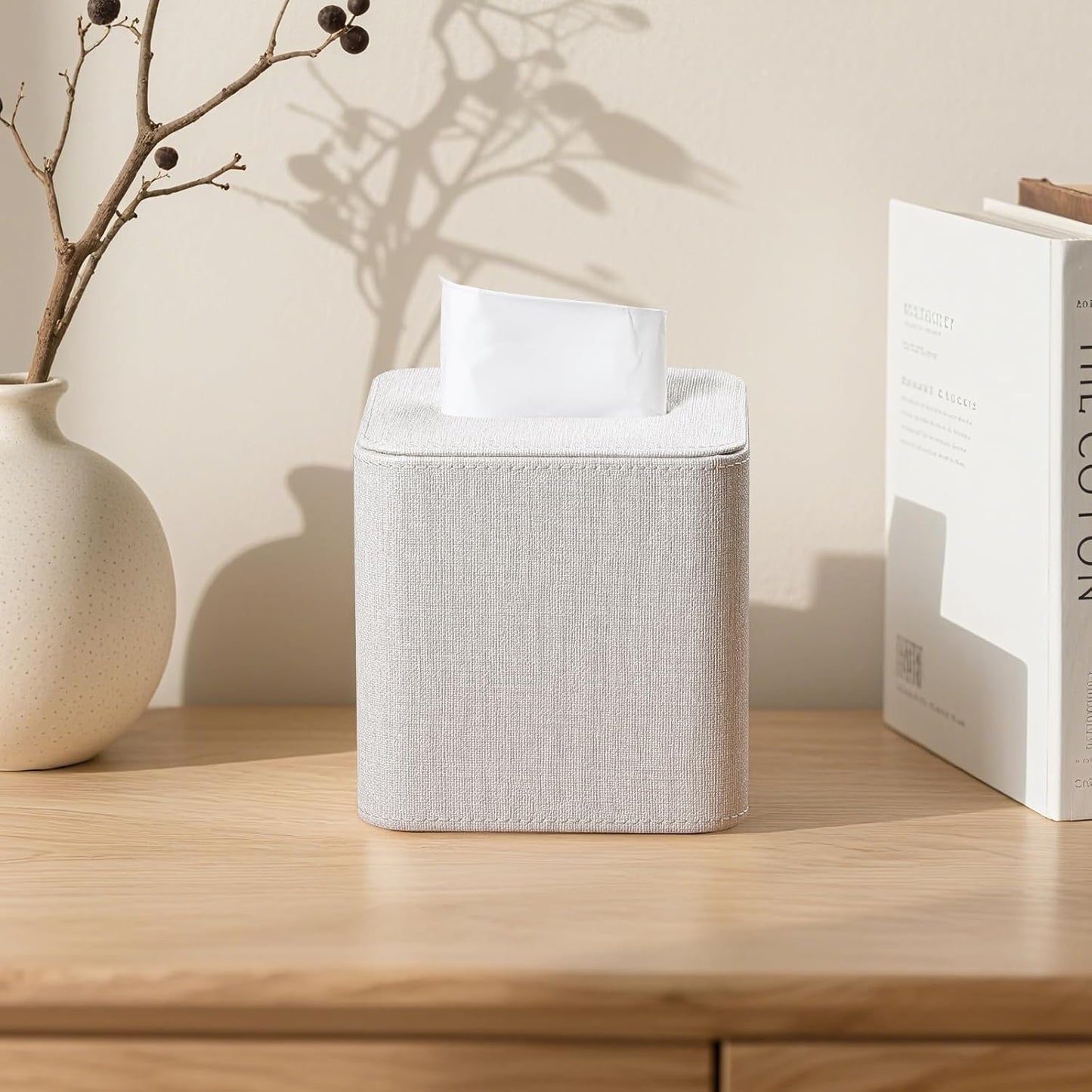 Square Linen Tissue Box Cover / Beige