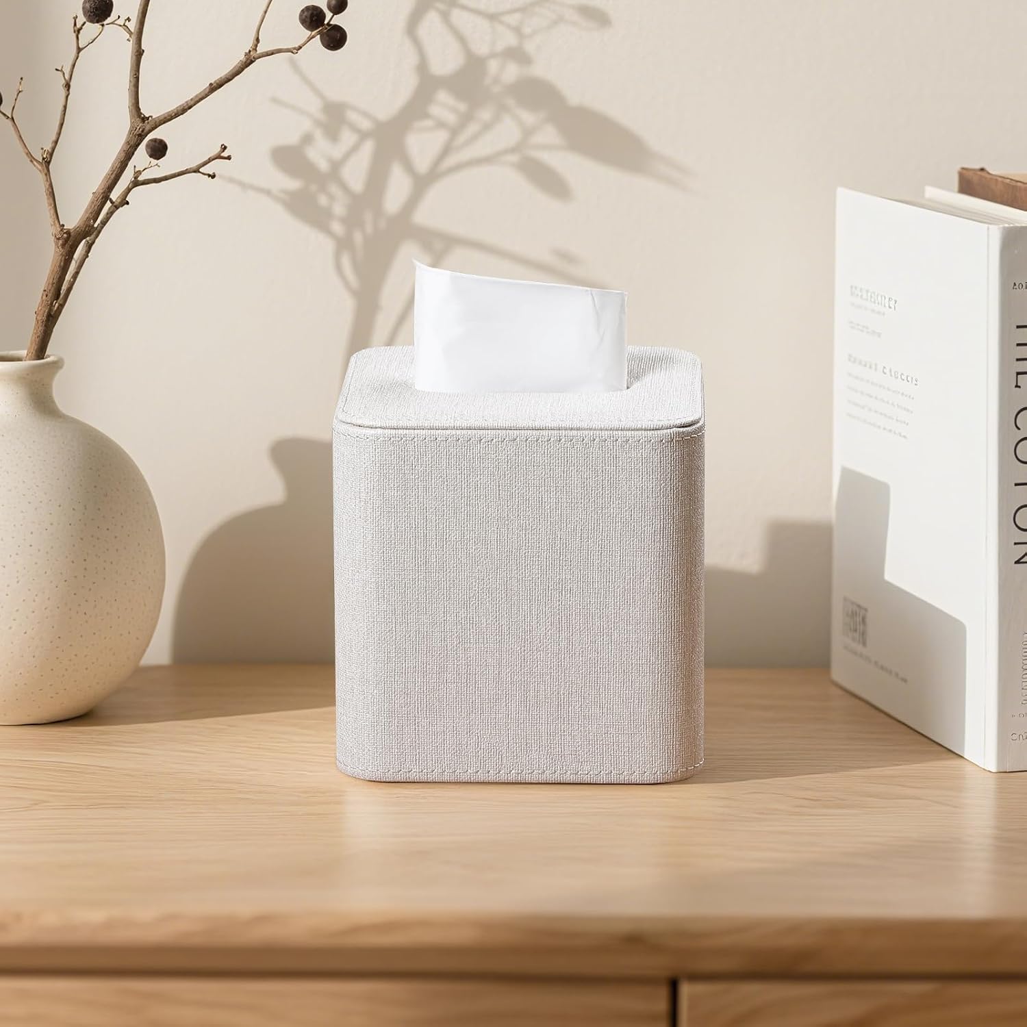 Square Linen Tissue Box Cover / Beige