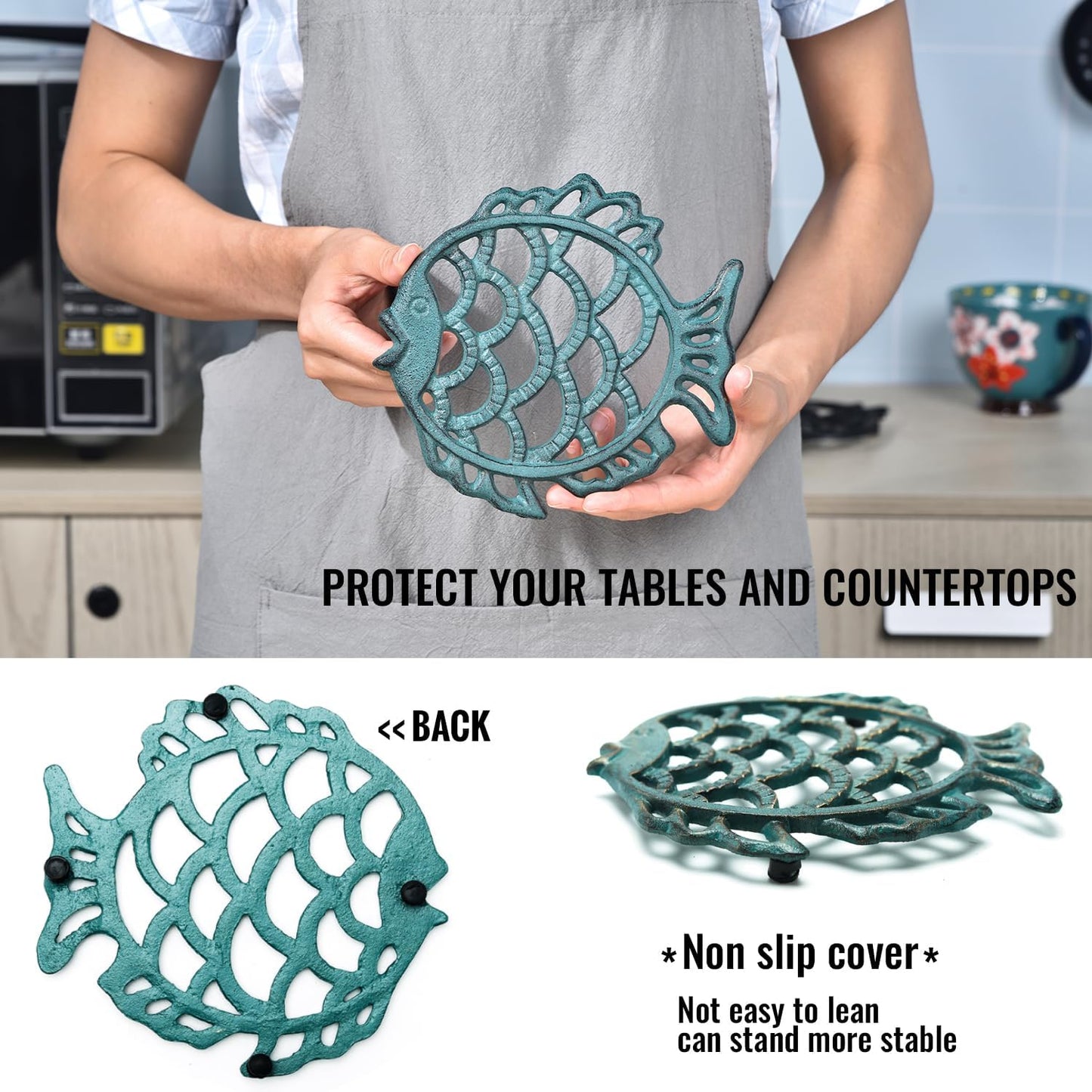 Sungmor Cast Iron Cute Fish Trivet for Wood Stove - Dia-7.5 Inch Dark Green Finish - Rustproof Round Stands for Hot