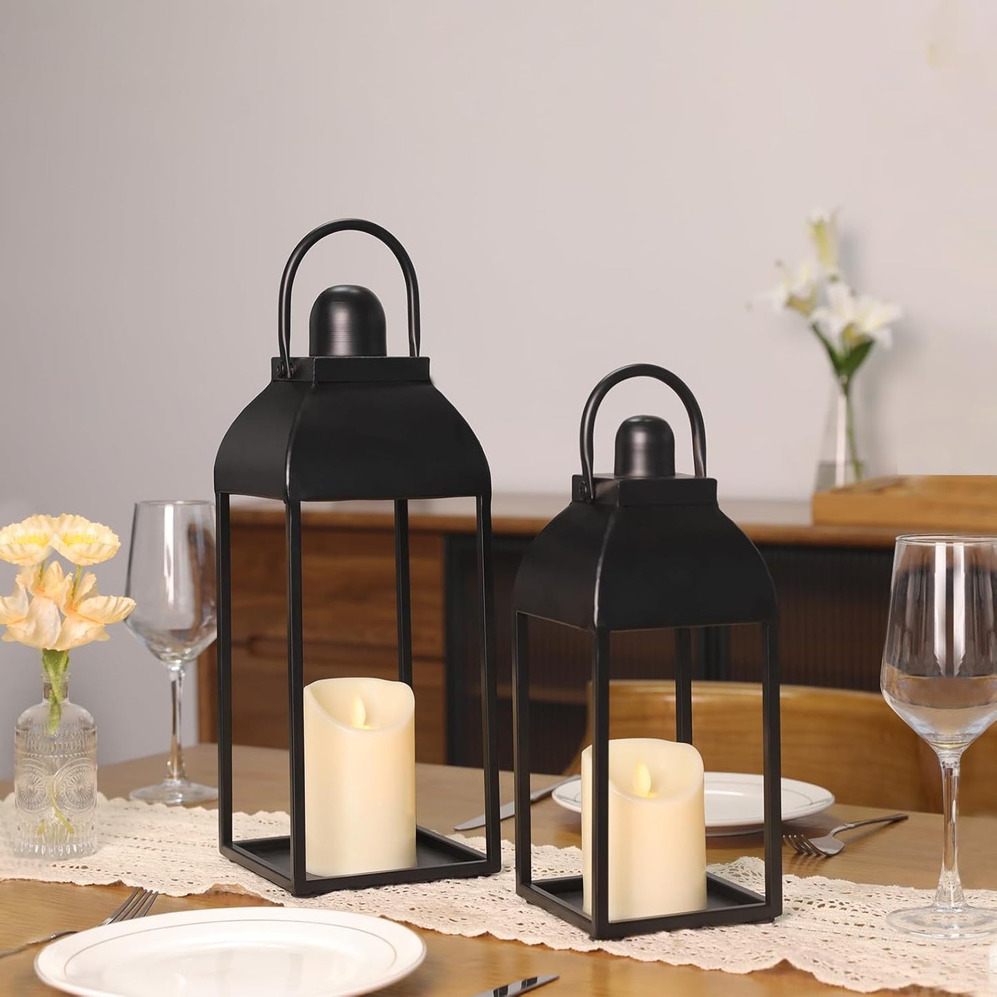 Lanterns Decorative Outdoor Indoor, 17'' 13'' Black Metal Outdoor Lanterns | Set of 2 Modern Farmhouse Candle Lantern
