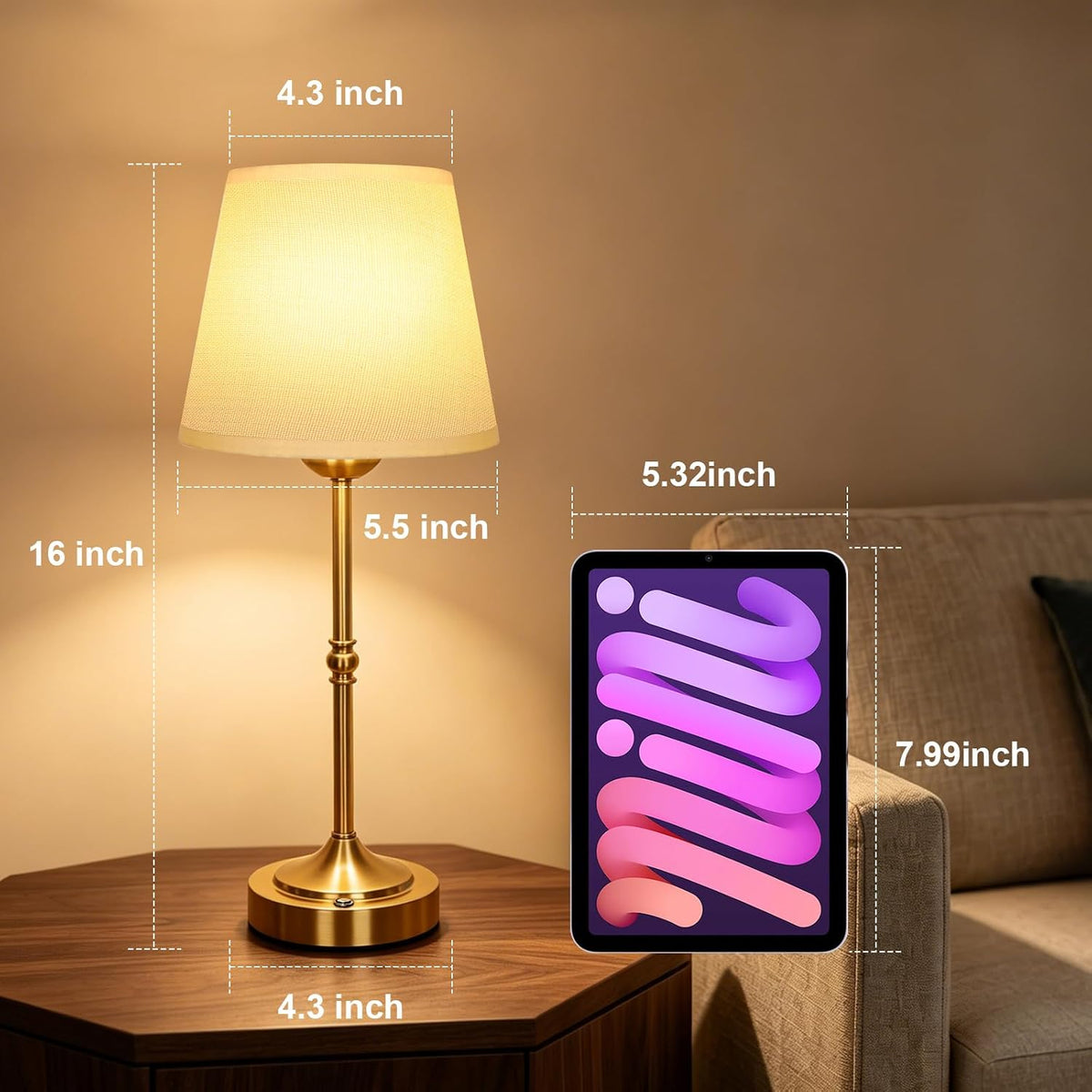 FLY2SKY Rechargeable Gold Cordless Table Lamp,3 Color Dimmable Bedside Lamp | 8H High Runtime,200H+ Low Runtime,LED
