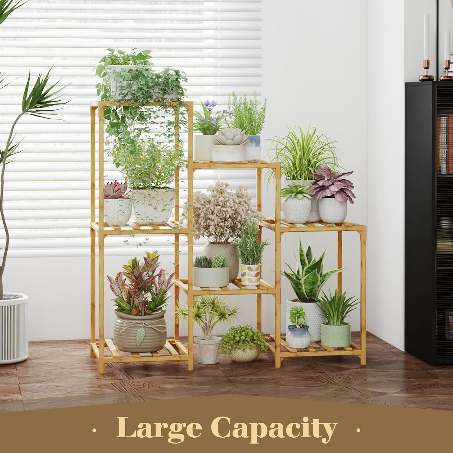 Bamworld Bamboo Plant Stand Indoor Boho Plant Shelf Tiered Plant Rack | for Multiple Plants 3 Tiers 7 Pots Ladder Plant