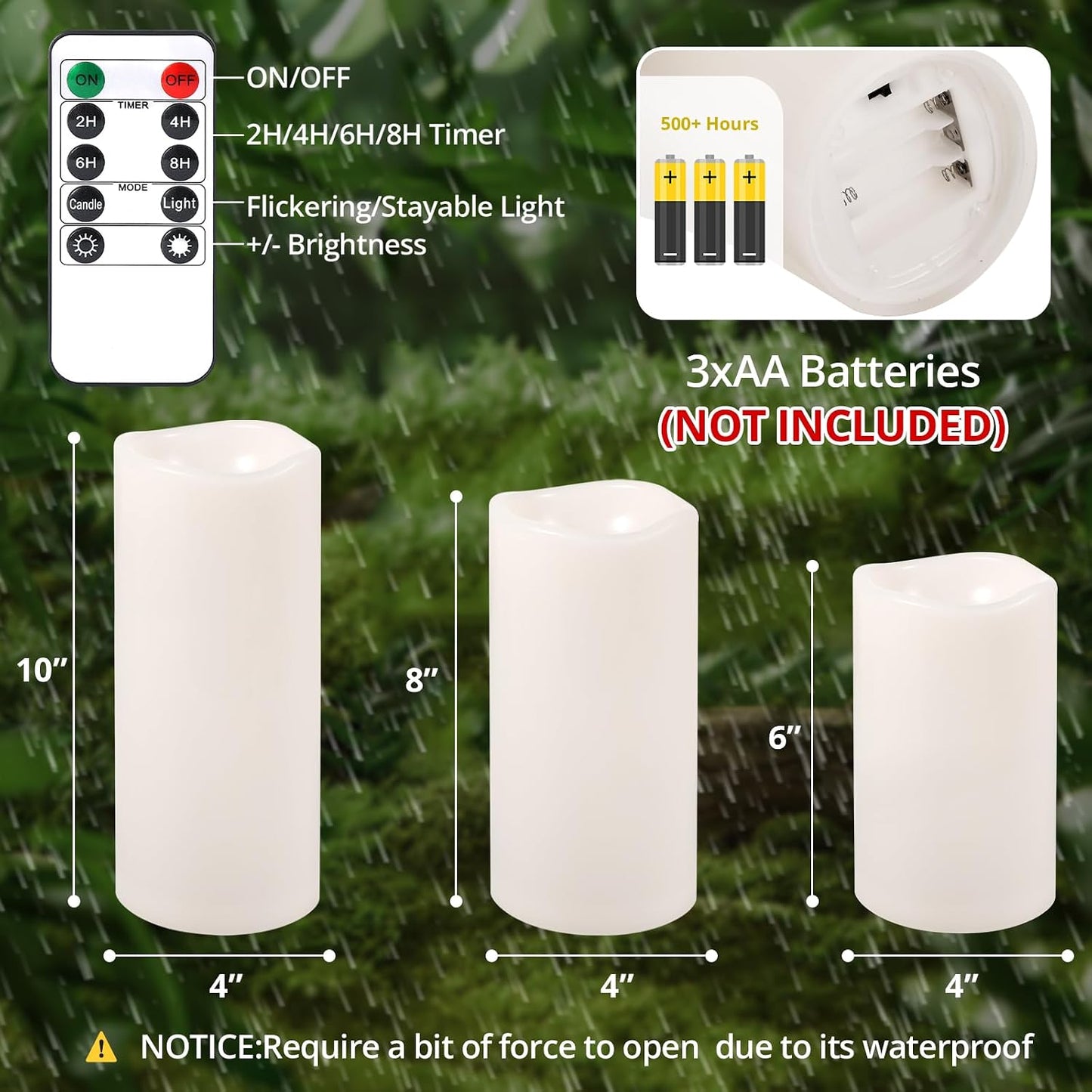 NURADA Large Waterproof Flameless Candles 6" 8" 10" x 4" - Outdoor Indoor LED Pillar Flickering Candle Battery Operated