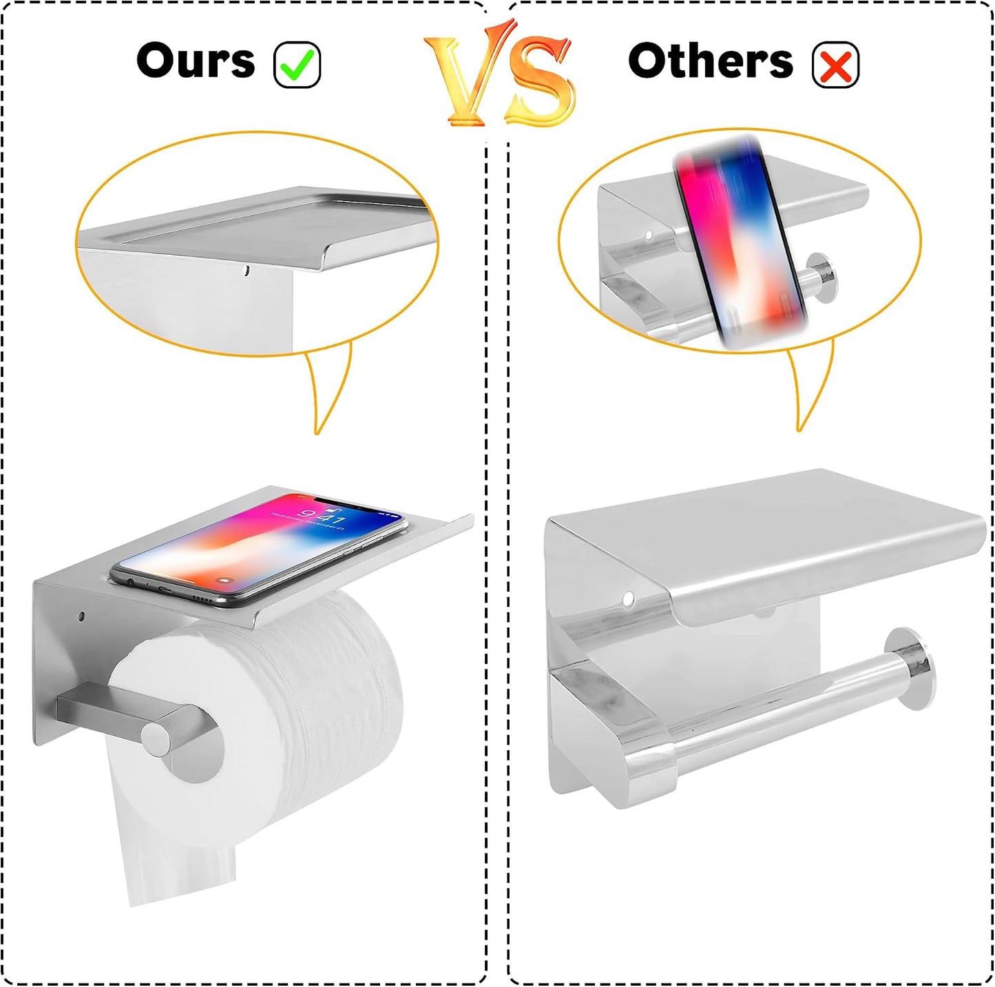 Toilet Paper Holder with Shelf, Wall Mounted Adhesive Holder for Bathroom, Tissue Roll Holder with Phone Storage Shelf