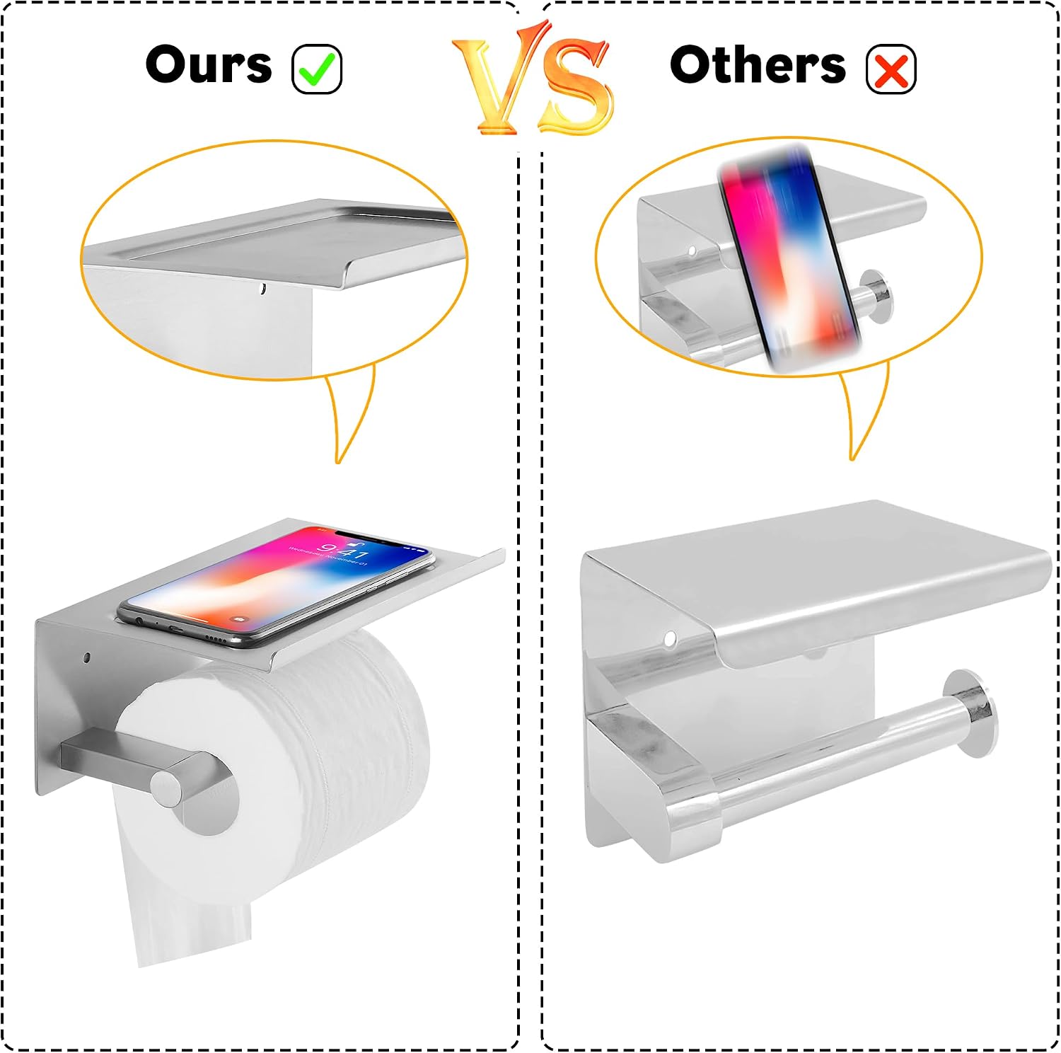 Toilet Paper Holder with Shelf, Wall Mounted Adhesive Holder for Bathroom, Tissue Roll Holder with Phone Storage Shelf