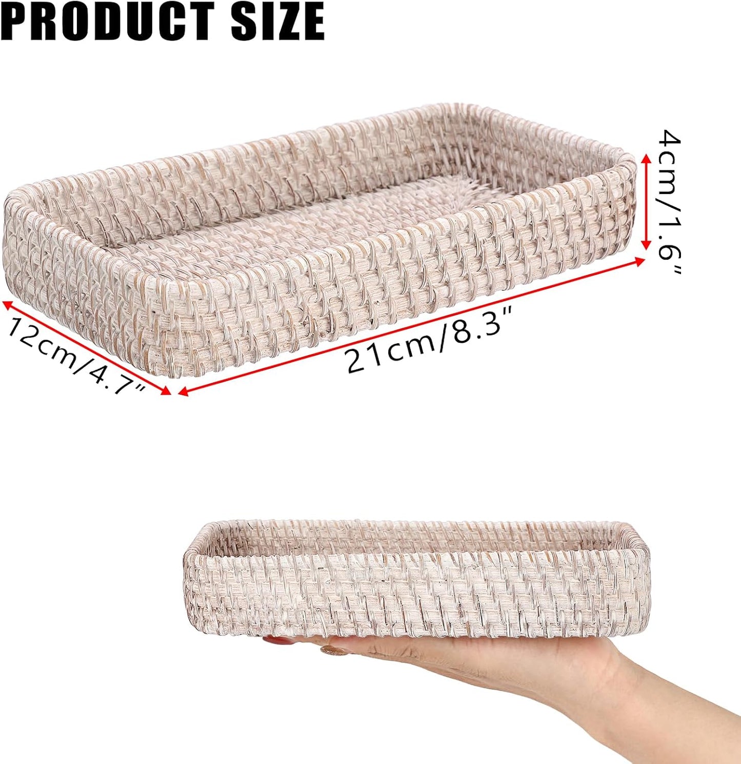 Rattan Key Tray Handwoven Wicker Baskets for Entryway Table Vanity / 8.3 x 4.7 x 1.6 / Whitewash