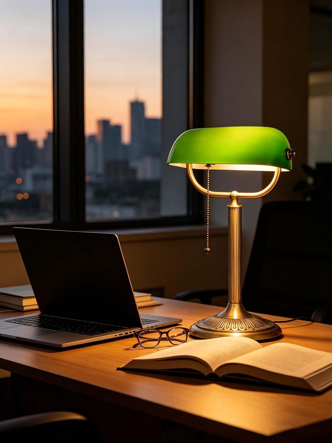 1-Minute Quick-Change Shade Classic Green Glass Bankers Desk Lamp | Study Office Library, LED Bulb Included