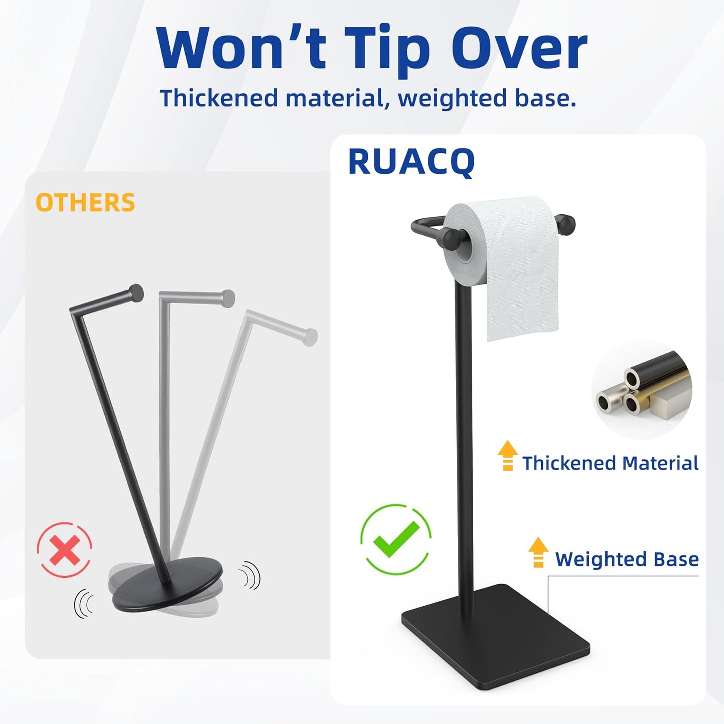 RUACQ Bathroom Toilet Paper Holder Stand, Matte Black | Dual-Post Pivoting Free Standing Toilet Roll Holder with