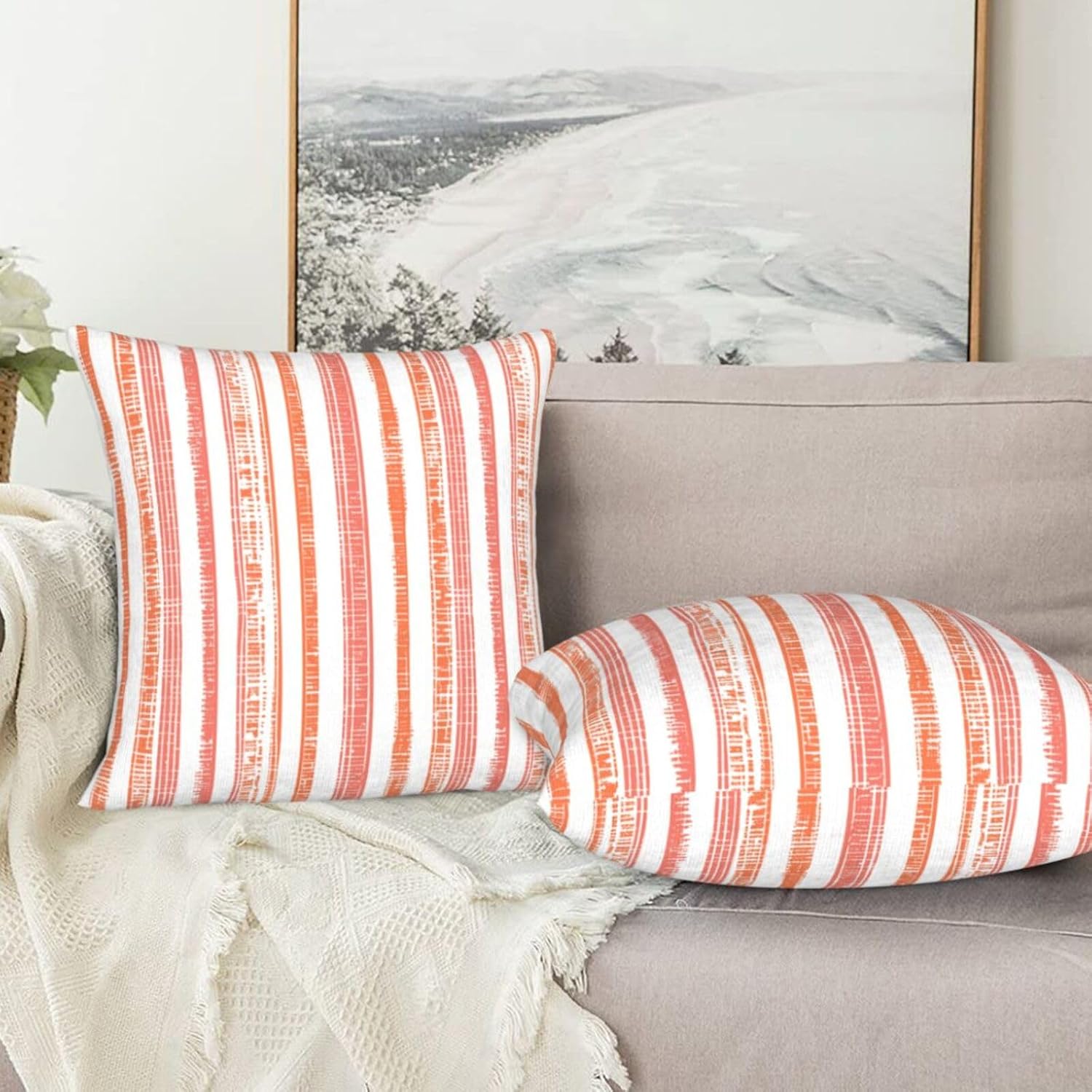 Boho Coral Pink Orange Striped Throw Pillow Covers / 18 x 18 / Boho Coral Orange Striped / Set of 2