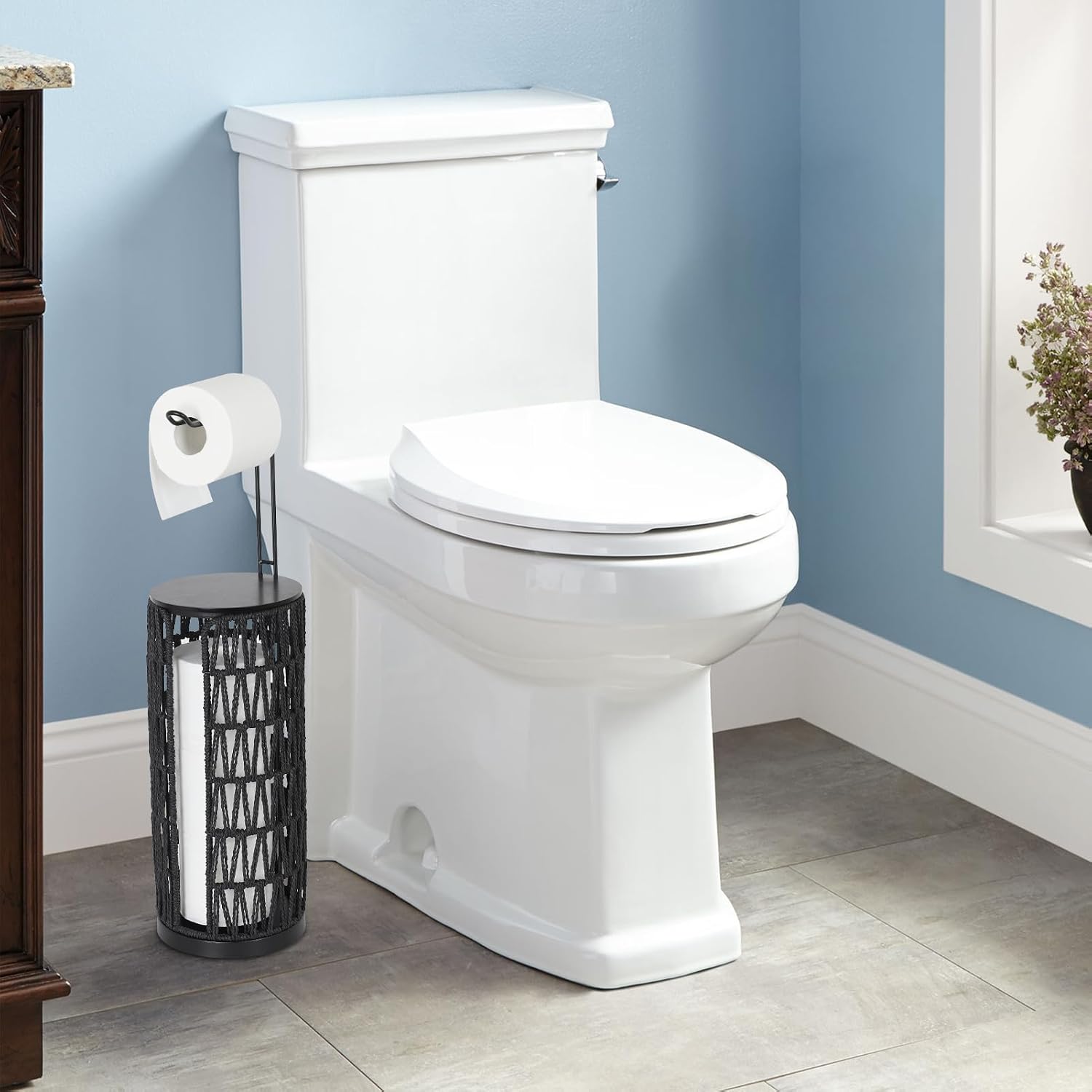 Black Freestanding Toilet Paper Holder with Storage,3 Rolls of Tissue Holder for Bathroom,Handmade Woven Toilet Paper